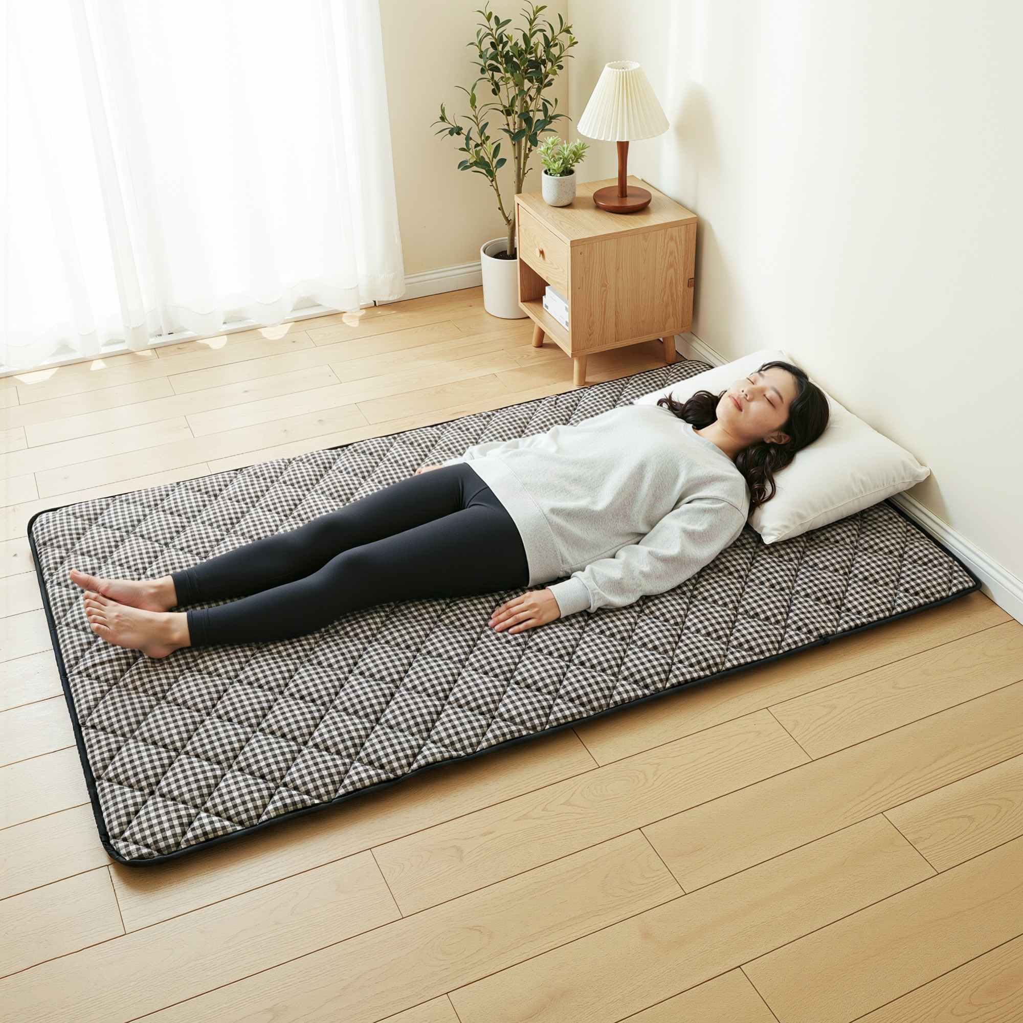 72x36 Inch Foldable Floor Mattress Single Bed  Cotton Bedding for Outdoor Camping  Floor Mattress with Handle for Traveling  Checked - Brown  Black