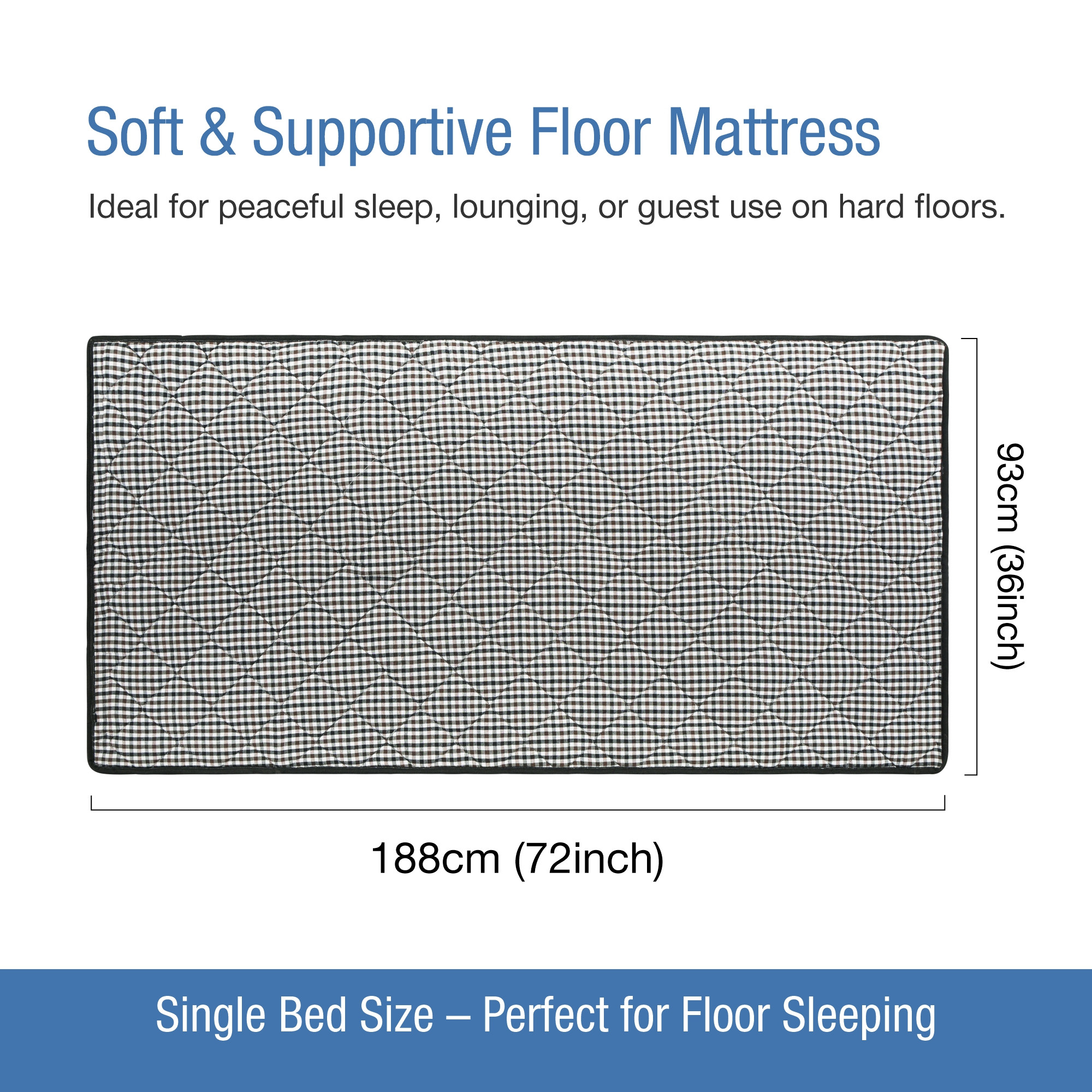 72x36 Inch Foldable Floor Mattress Single Bed  Cotton Bedding for Outdoor Camping  Floor Mattress with Handle for Traveling  Checked - Brown  Black