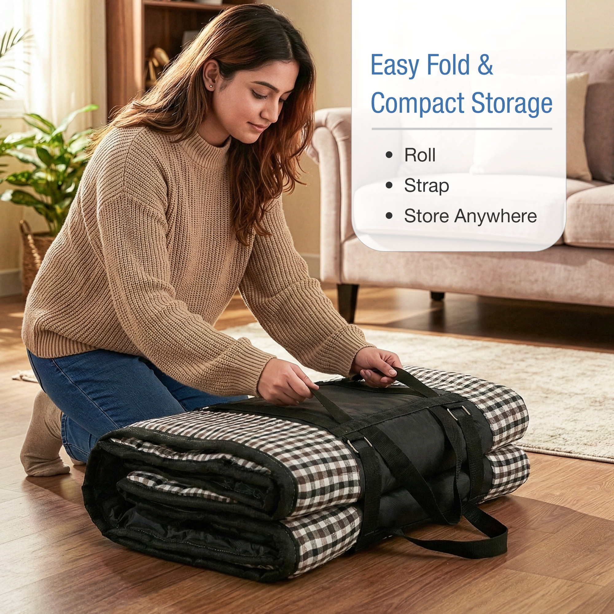 72x36 Inch Foldable Floor Mattress Single Bed  Cotton Bedding for Outdoor Camping  Floor Mattress with Handle for Traveling  Checked - Brown  Black