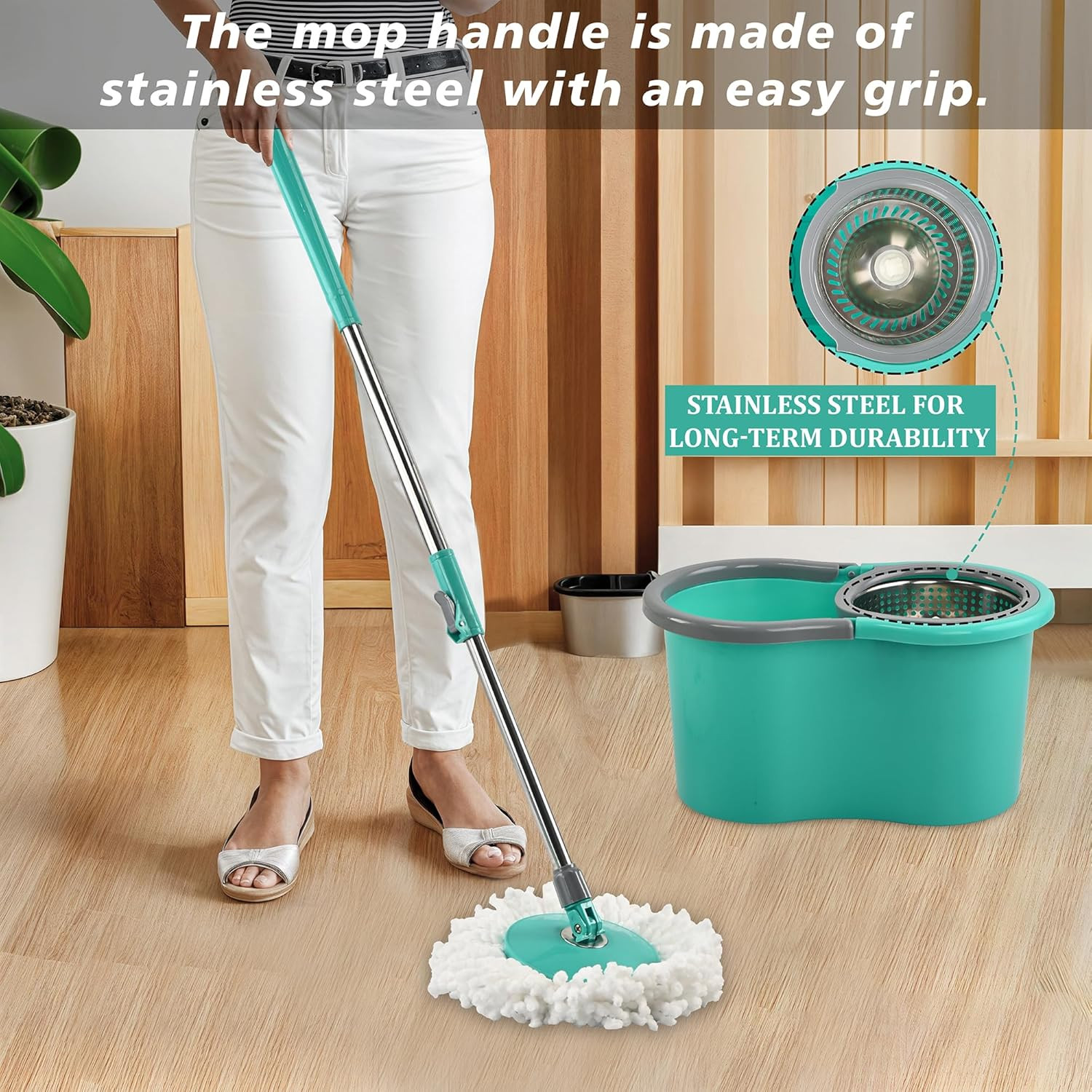 Plastic Spin Mop with Stainless Steel Wringer  Big Bucket Moppers for Cleaning Floor 2 Refills  360 Floor Cleaner Mopping Set for Home  Office  Pocha Stick - Mint Green