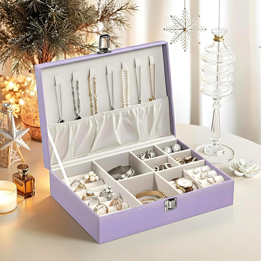 Image of Leather Single Jewellery Box for Women &amp; Girls | Lockable Necklace Ring Earring Organizer for Gift &amp; Travel Friendly | Lavender