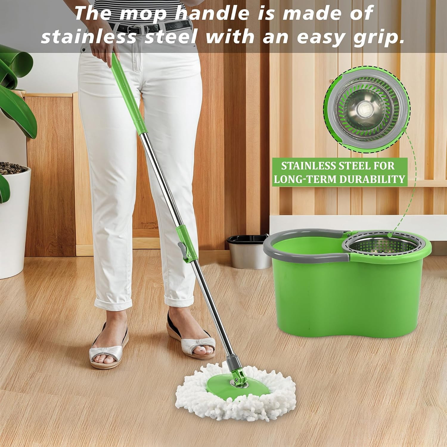 Plastic Spin Mop with Stainless Steel Wringer  Big Bucket Moppers for Cleaning Floor 2 Refills  360 Floor Cleaner Mopping Set for Home  Office  Pocha Stick - Green