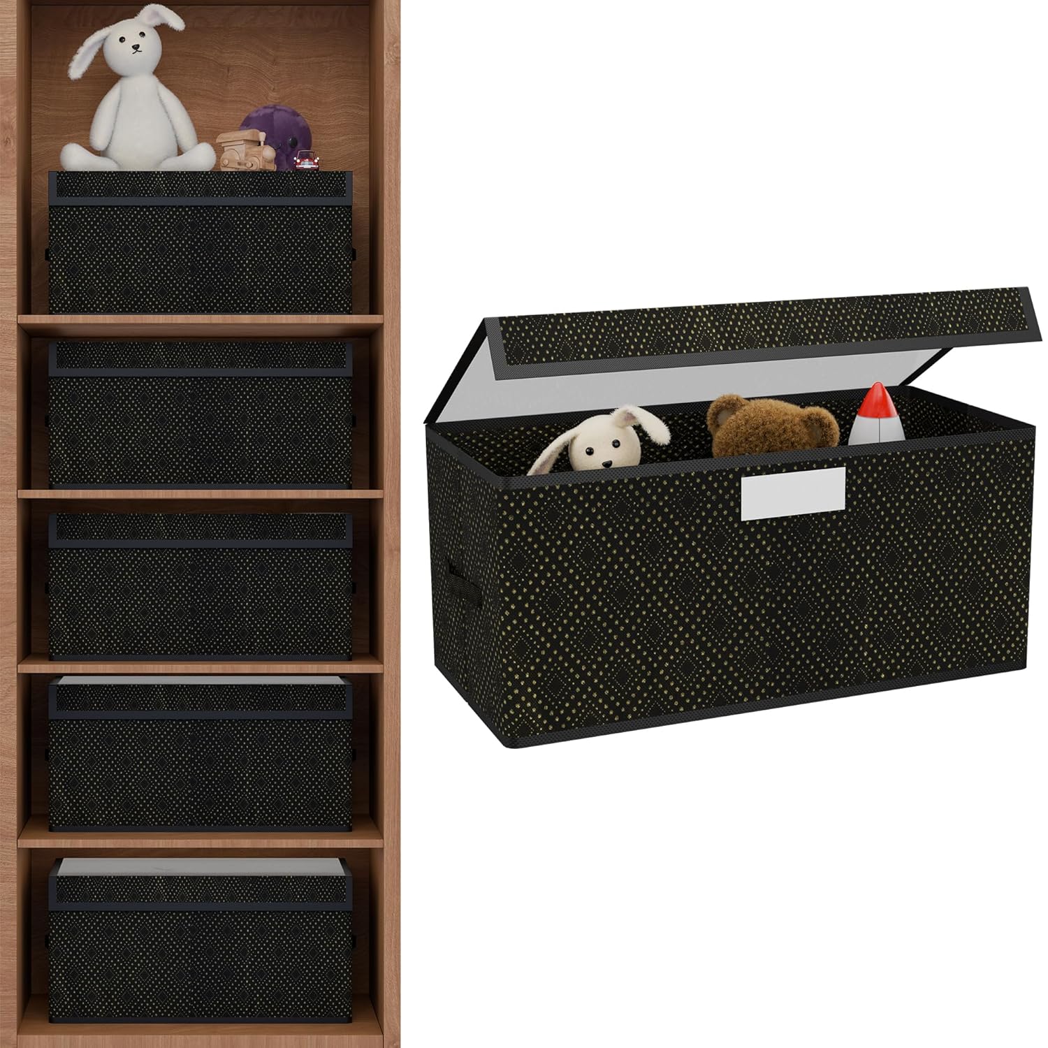 Kuber Industries Storage Box with Transparent Lid  Closet Organizers for Toys  Book Storage  Foldable Almirah Dress Organizer  CupboardWardrobe Drawer Organiser   - Printed  Black