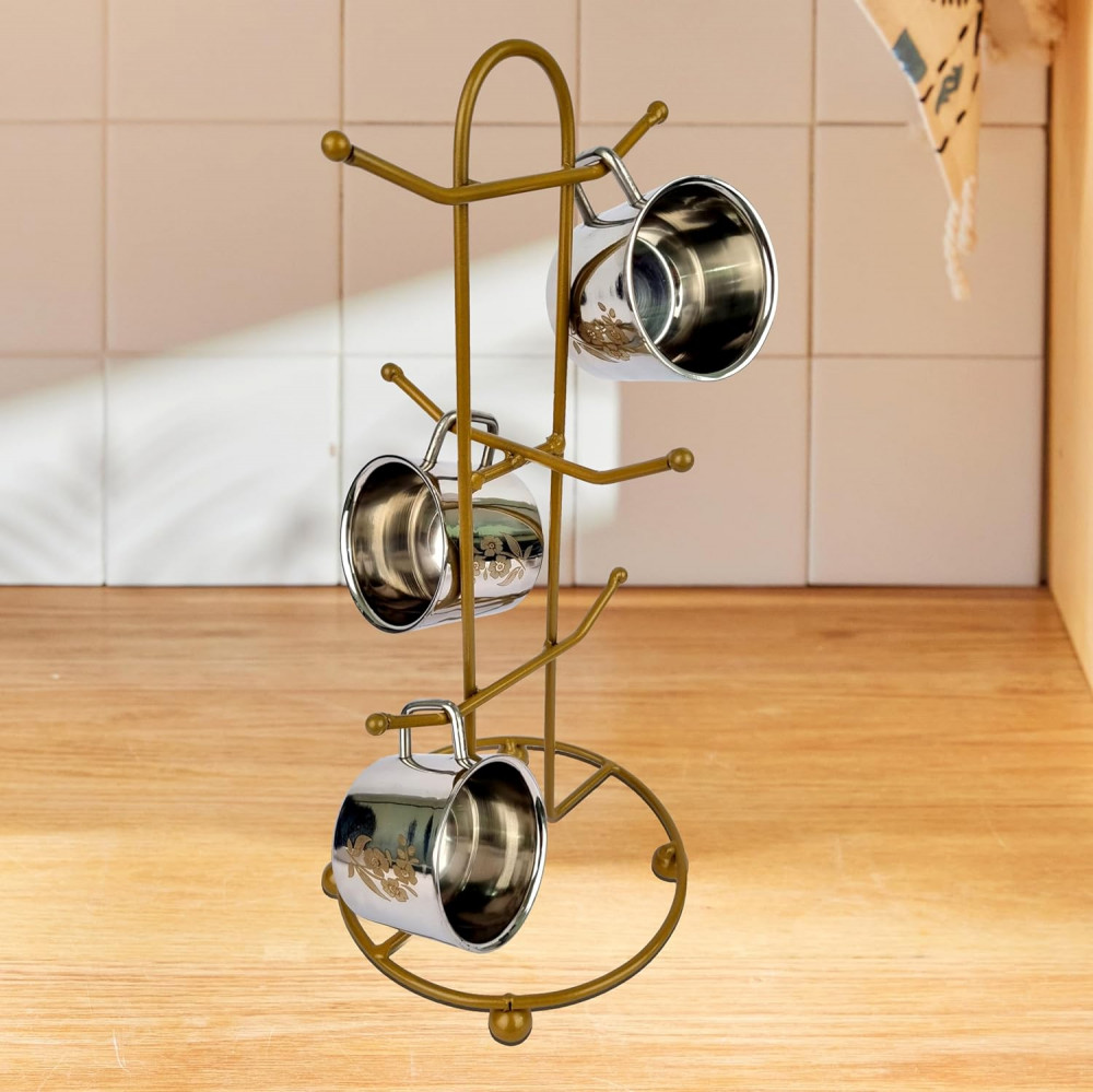 Kuber Industries Kitchen Stand | Cup Stand For Kitchen | Coffee And Tea Mug Holder | Dinning Tabel Cup Stand for Kitchen | Organizer for Kitchen | 6 Cup Stand Hanger | Gold