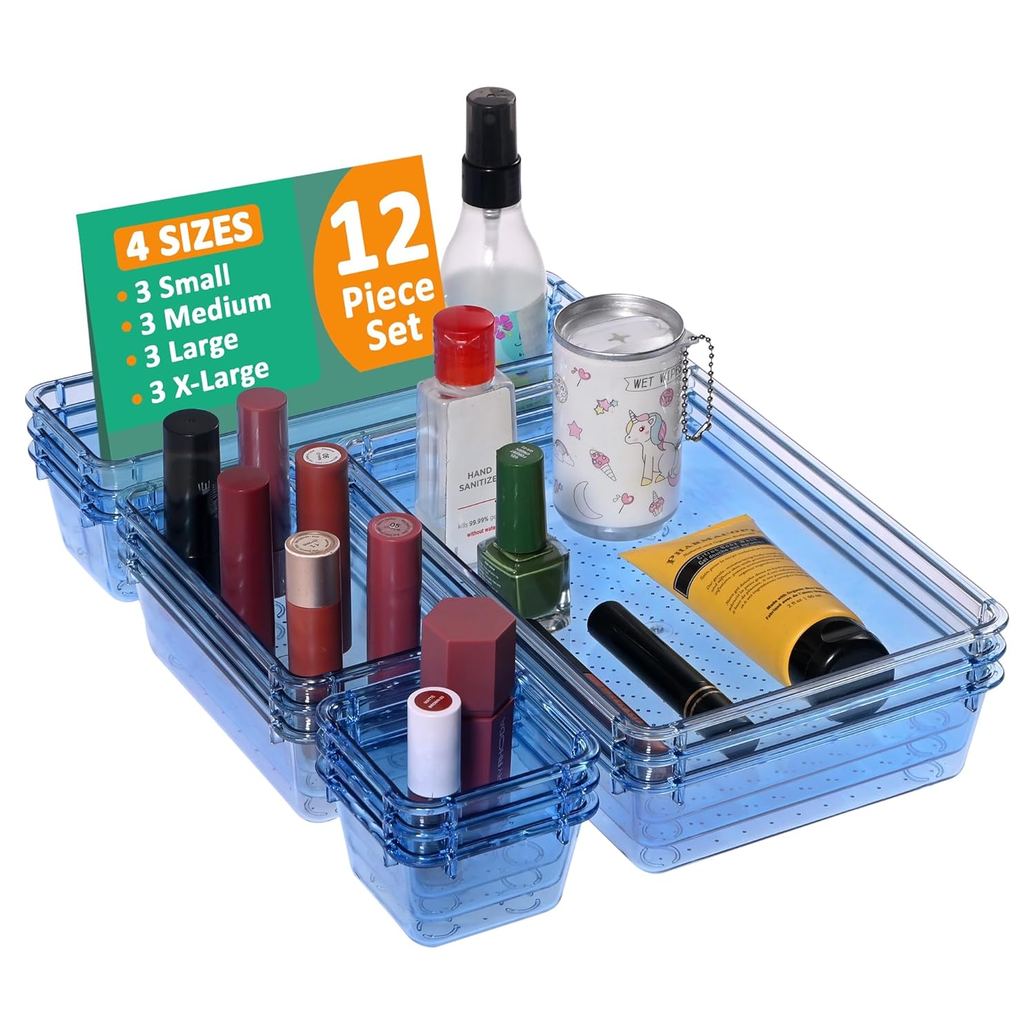 Kuber Industries 4 Pcs Acrylic Transparent Cosmetic Organizer Tray  Drawers Organisers for Kitchen Office and Bathroom Vanity Makeup  Stationery Storage Drawer Divider Tray  Sea Blue