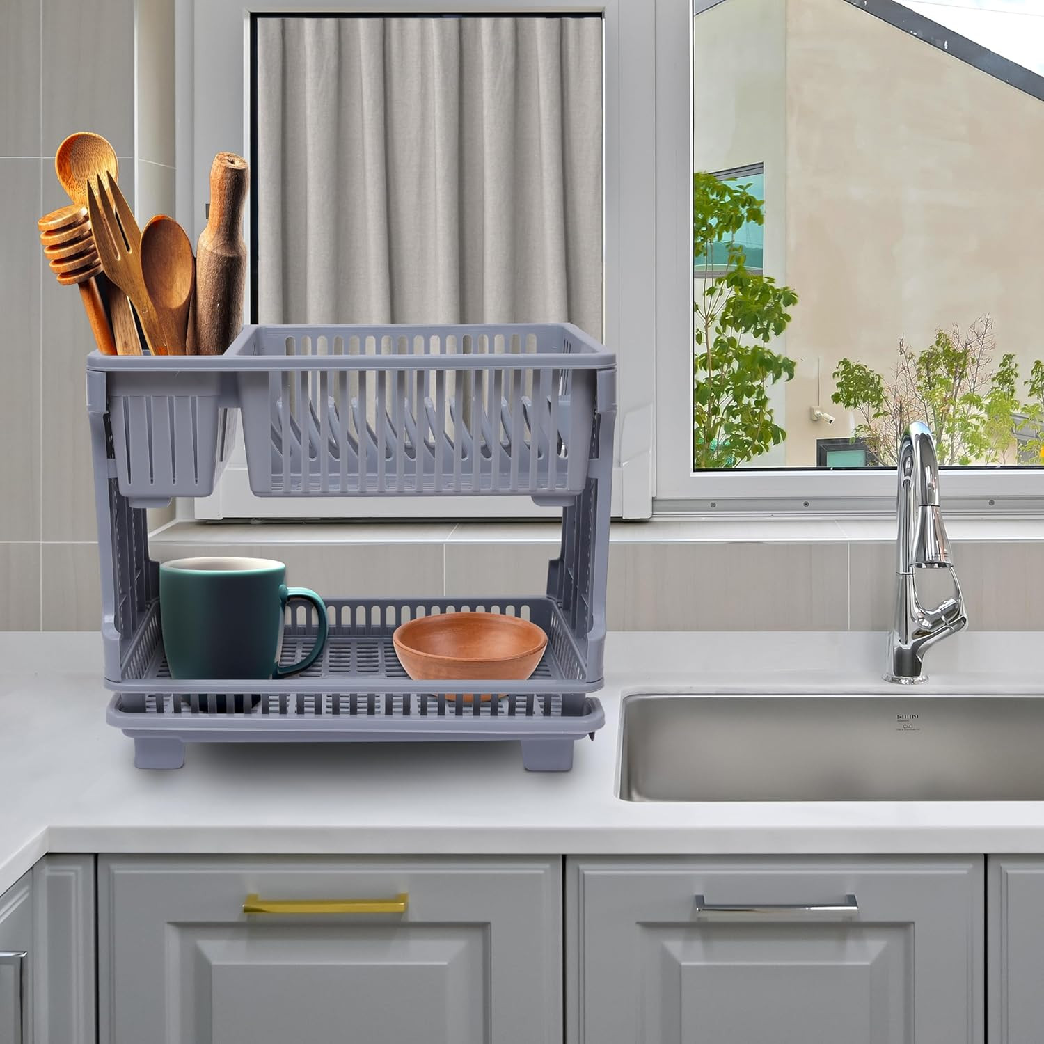 Dish Rack  Plastic Dish Rack with Drainer  Drying Basket with Tray  Kitchen Drying Rack with Tray  Bartan Stand for Kitchen  Bartan Jali Rack  Gray