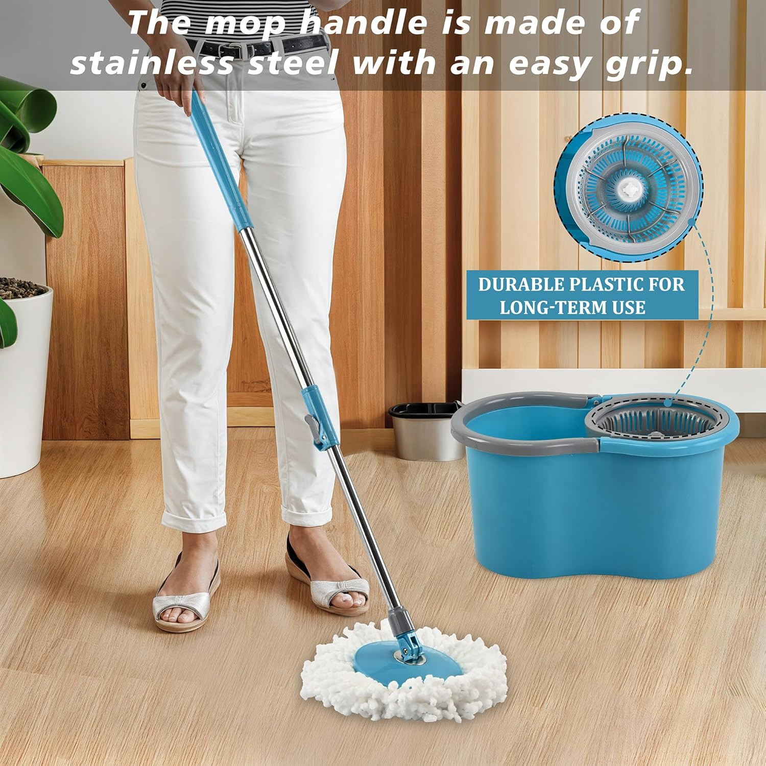 Plastic Spin Mop Bucket  Extendable Handle Moppers for Cleaning Floor with 2 Refills  360 Floor Cleaner Mopping Machine Set for Home  Office  Pocha Stick - Blue