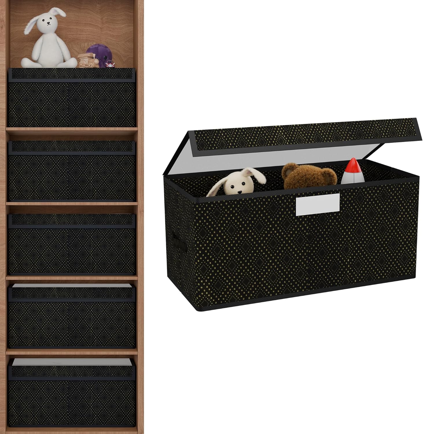 Kuber Industries Storage Box with Transparent Lid  Closet Organizers for Toys  Book Storage  Foldable Almirah Dress Organizer  CupboardWardrobe Drawer Organiser   - Printed  Black