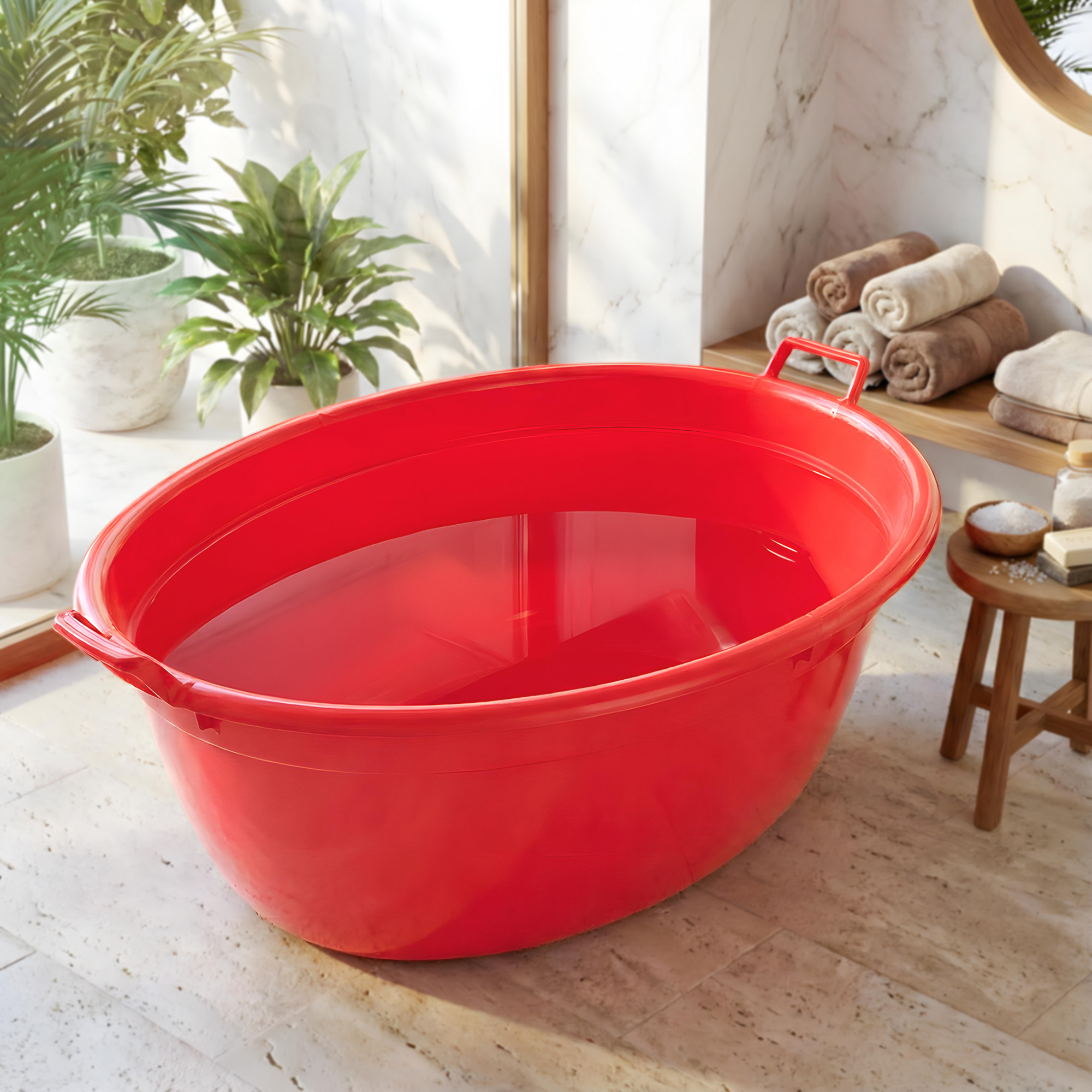 90 LTR Plastic Heavy Duty Oval Shape Bathing Tub Large Capicity with Handle  Multipurpose Storage Laundry Bath Tub for Kids  Adult  Red