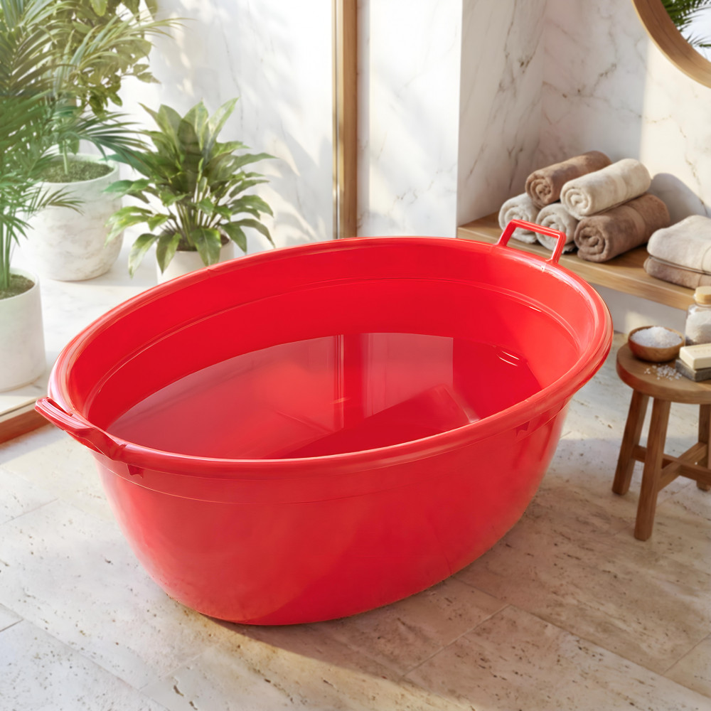 Image of 90 LTR Plastic Heavy Duty Oval Shape Bathing Tub Large Capicity with Handle | Multipurpose Storage, Laundry Bath Tub for Kids &amp; Adult | Red