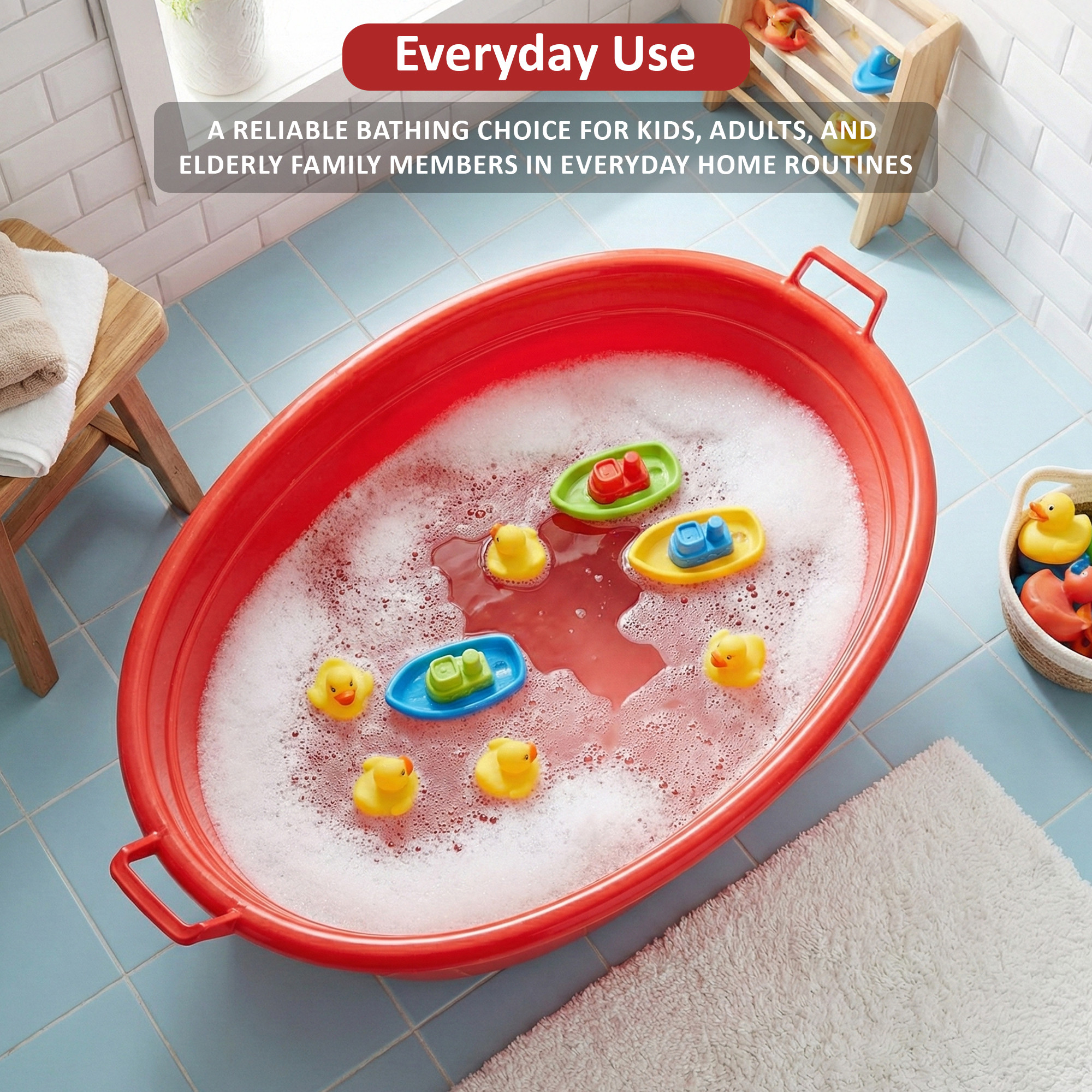 90 LTR Plastic Heavy Duty Oval Shape Bathing Tub Large Capicity with Handle  Multipurpose Storage Laundry Bath Tub for Kids  Adult  Red