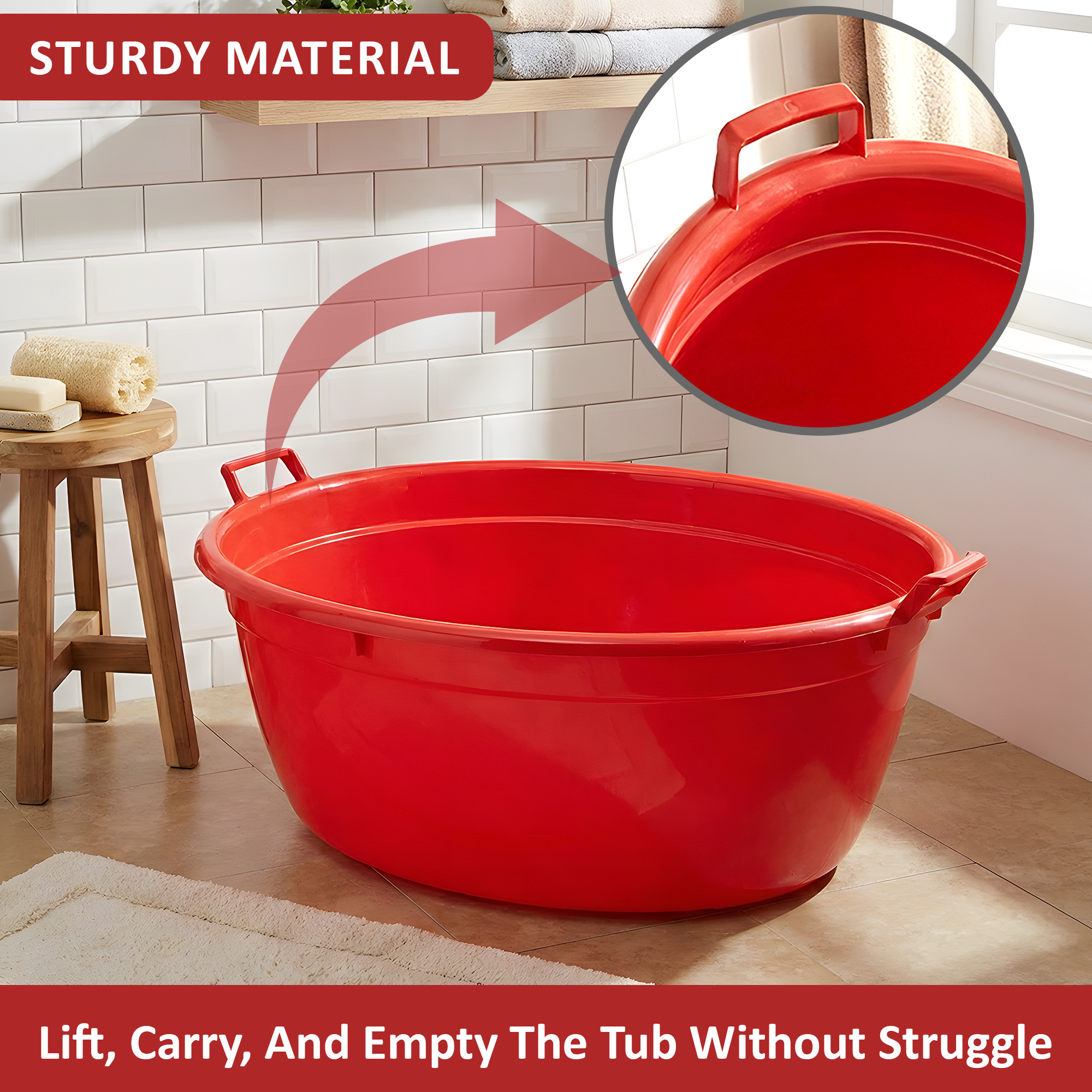 90 LTR Plastic Heavy Duty Oval Shape Bathing Tub Large Capicity with Handle  Multipurpose Storage Laundry Bath Tub for Kids  Adult  Red
