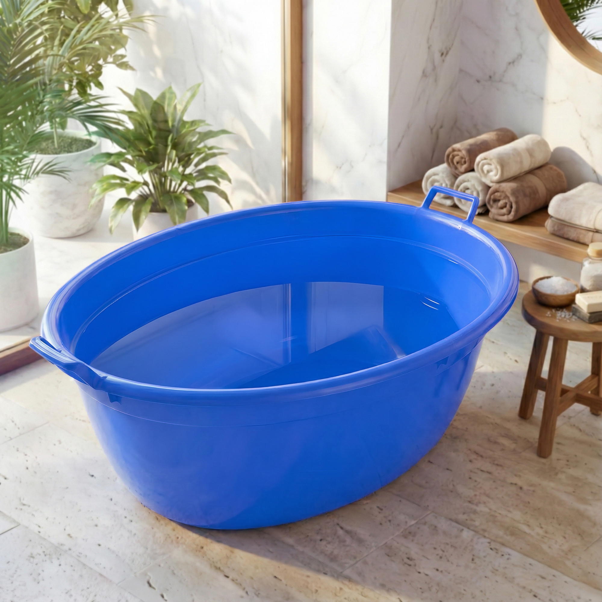 90 LTR Plastic Heavy Duty Oval Shape Bathing Tub Large Capicity with Handle  Multipurpose Storage Laundry Bath Tub for Kids  Adult  Blue