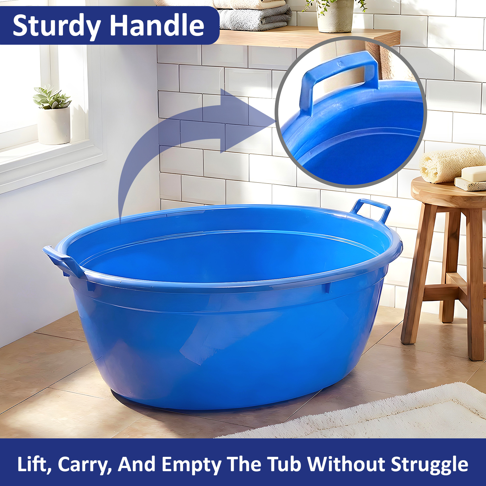 90 LTR Plastic Heavy Duty Oval Shape Bathing Tub Large Capicity with Handle  Multipurpose Storage Laundry Bath Tub for Kids  Adult  Blue