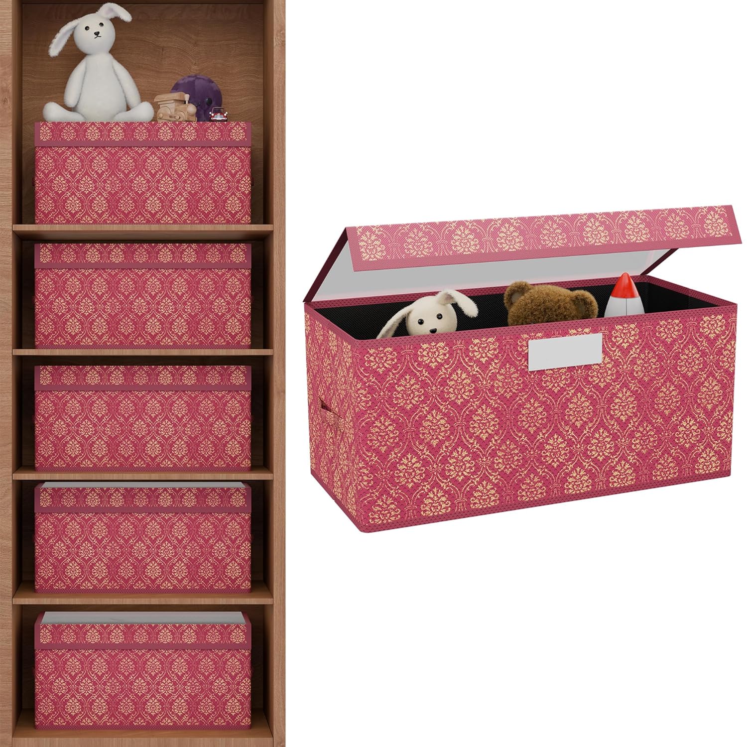 Kuber Industries Storage Box with Transparent Lid  Closet Organizers for Toys  Book Storage  Foldable Almirah Dress Organizer  CupboardWardrobe Drawer Organiser   - Printed  Maroon