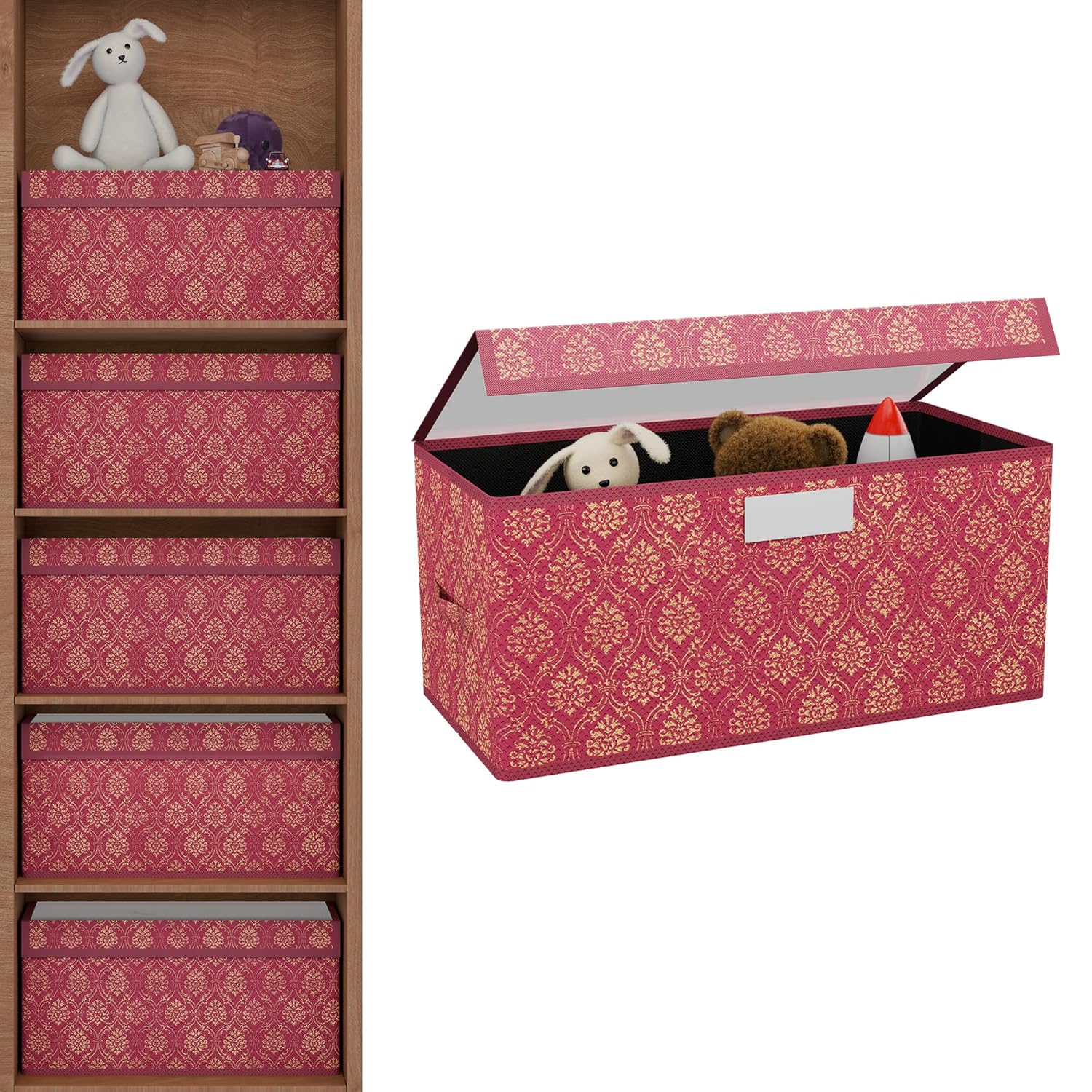 Kuber Industries Storage Box with Transparent Lid  Closet Organizers for Toys  Book Storage  Foldable Almirah Dress Organizer  CupboardWardrobe Drawer Organiser   - Printed  Maroon
