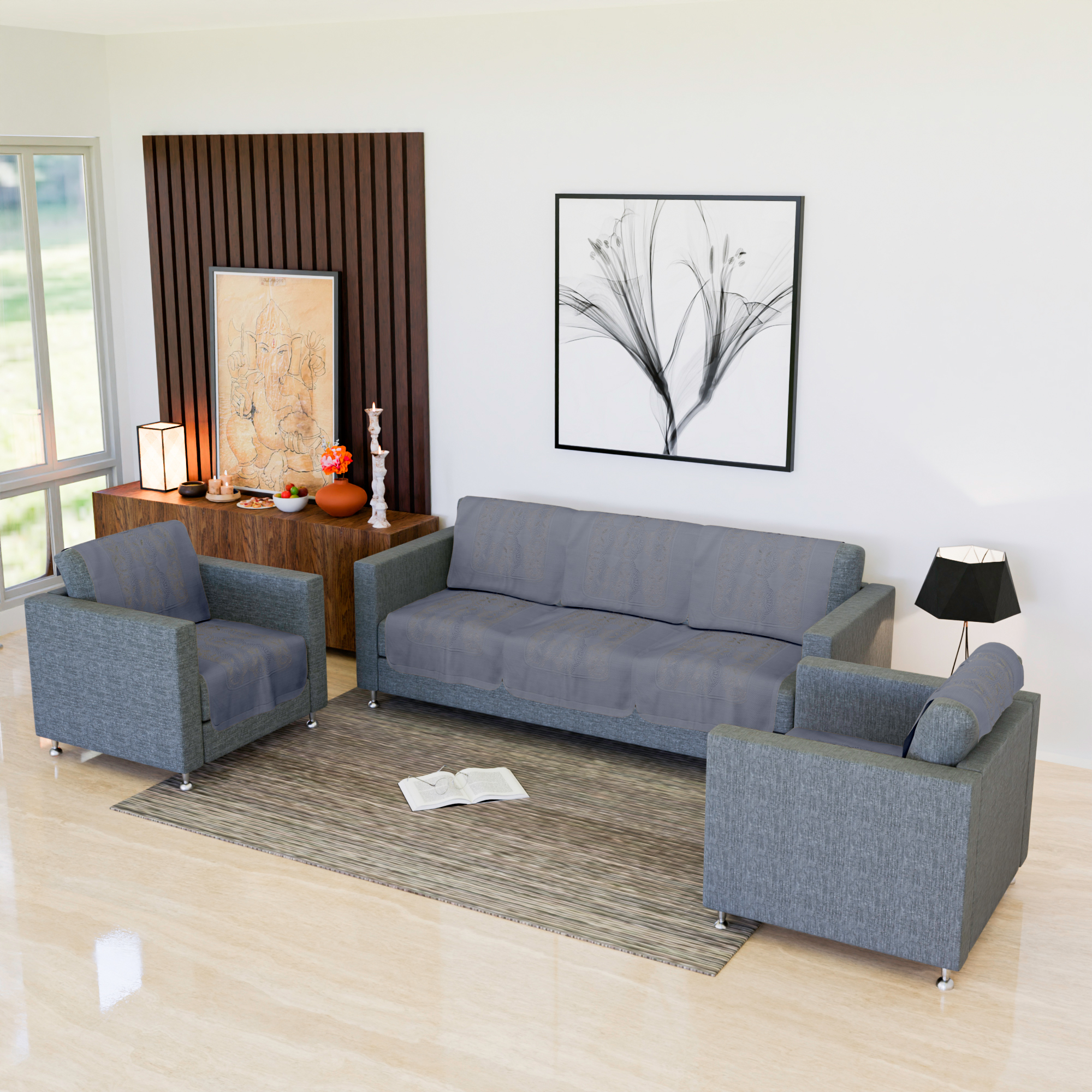 Kuber Industries Sofa Cover  Single Seater Sofa Cover  Net Sofa Slipcover Set  Couch Sofa Cover for Hall  Sofa Cover Set  Sofa Cover for Living Room  Self Flower New Jersey  Grey