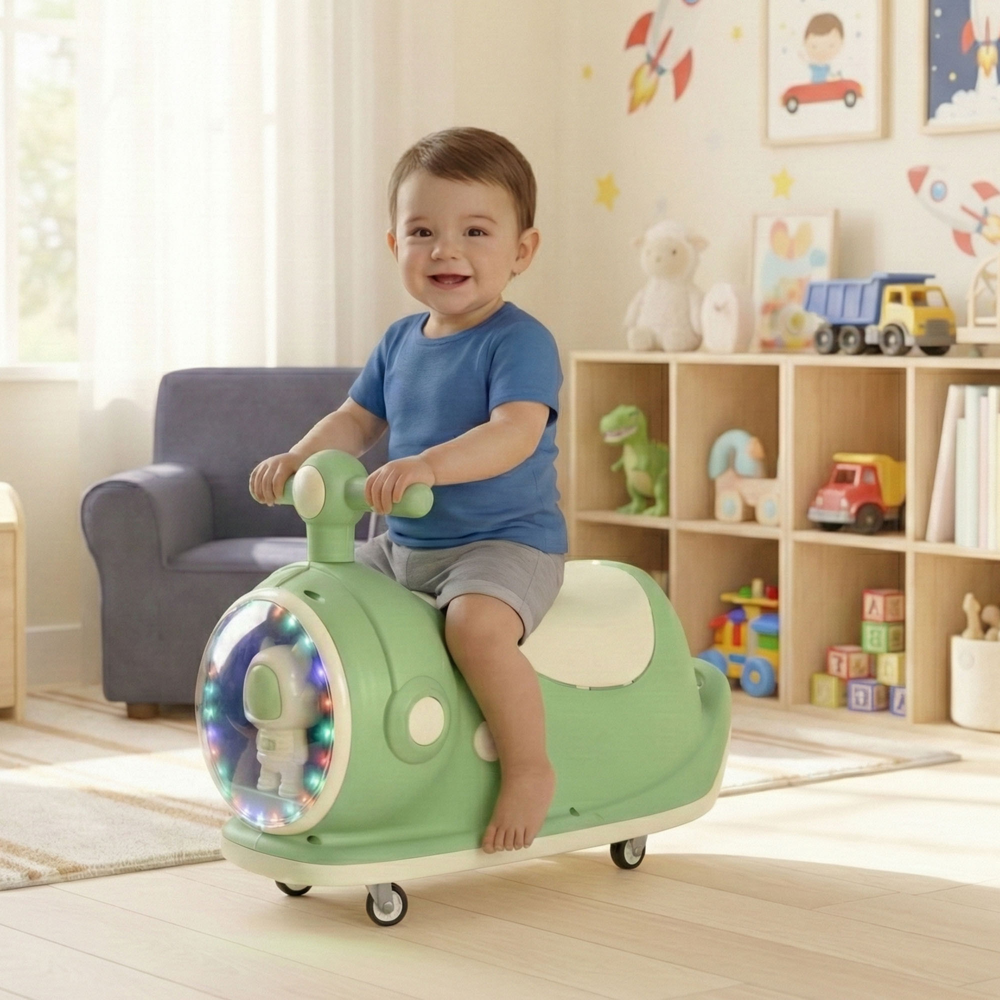 Astronaut Display 360 Swivel Wheels Scooter Bike for Toddlers  14 Year Boys Girls  Push Ride with Dome Light  Sound  Pista Green