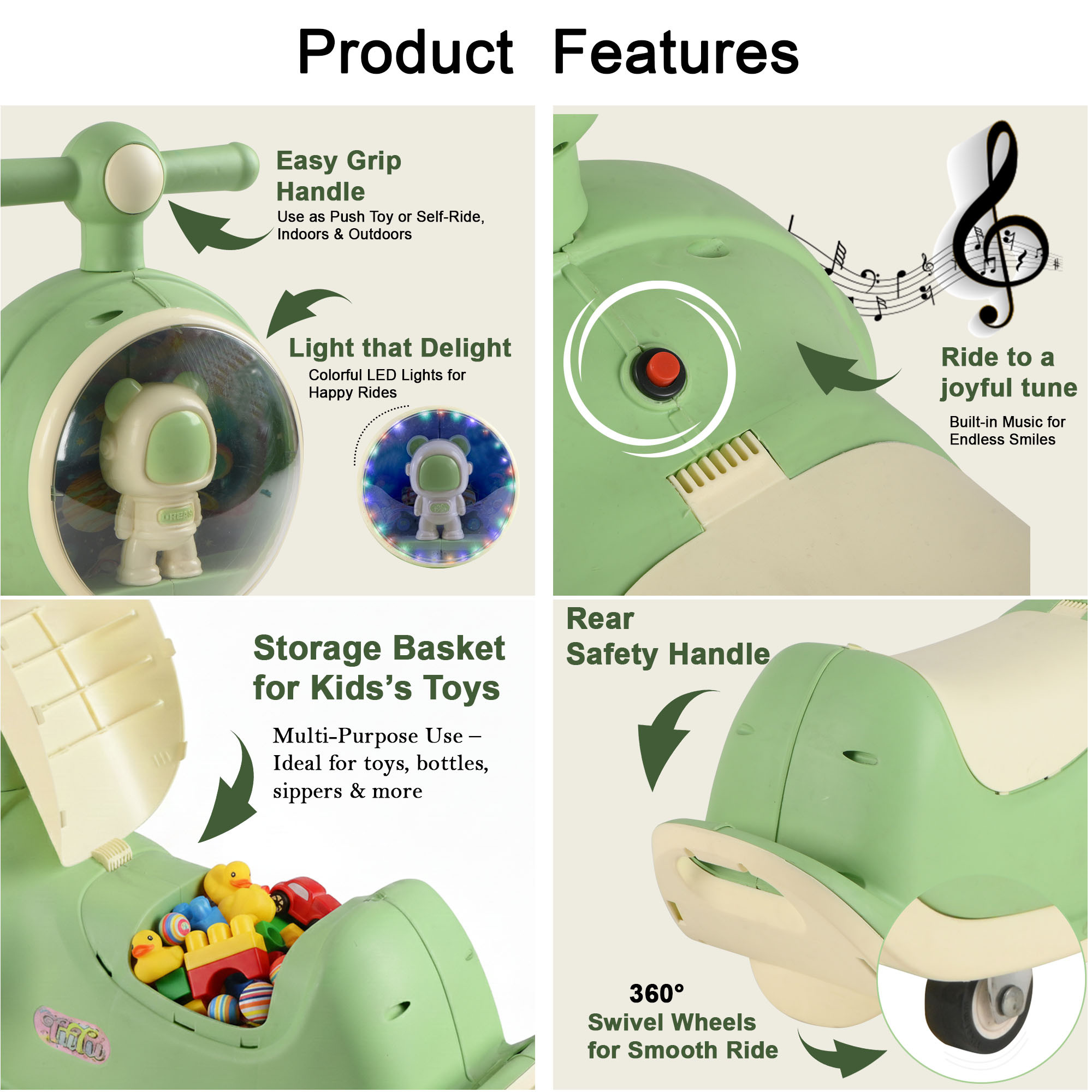 Astronaut Display 360 Swivel Wheels Scooter Bike for Toddlers  14 Year Boys Girls  Push Ride with Dome Light  Sound  Pista Green