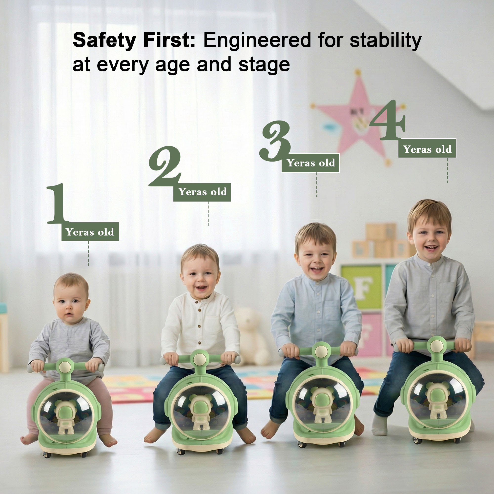 Astronaut Display 360 Swivel Wheels Scooter Bike for Toddlers  14 Year Boys Girls  Push Ride with Dome Light  Sound  Pista Green