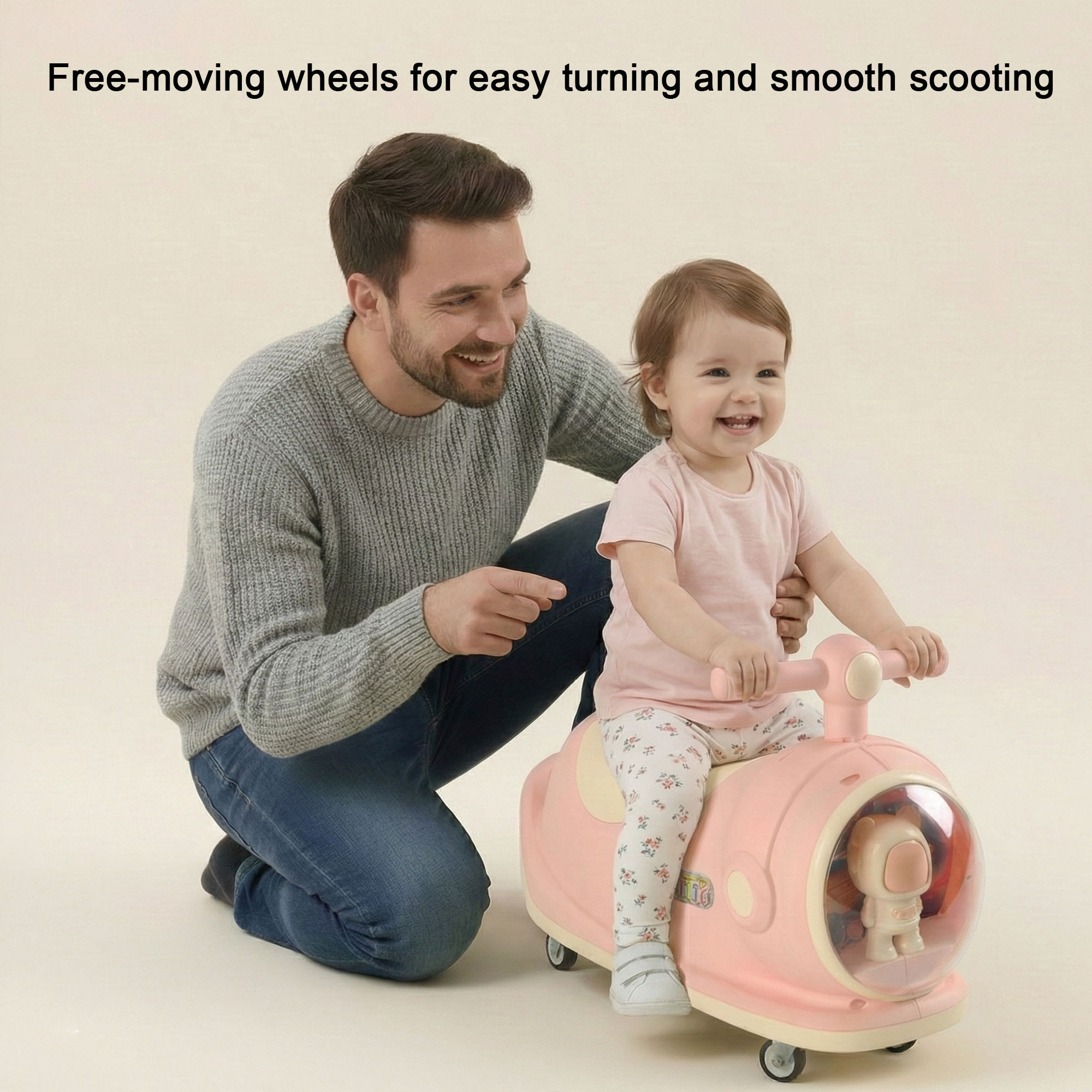 Astronaut Display 360 Swivel Wheels Scooter Bike for Toddlers  14 Year Boys Girls  Push Ride with Dome Light  Sound  Pink