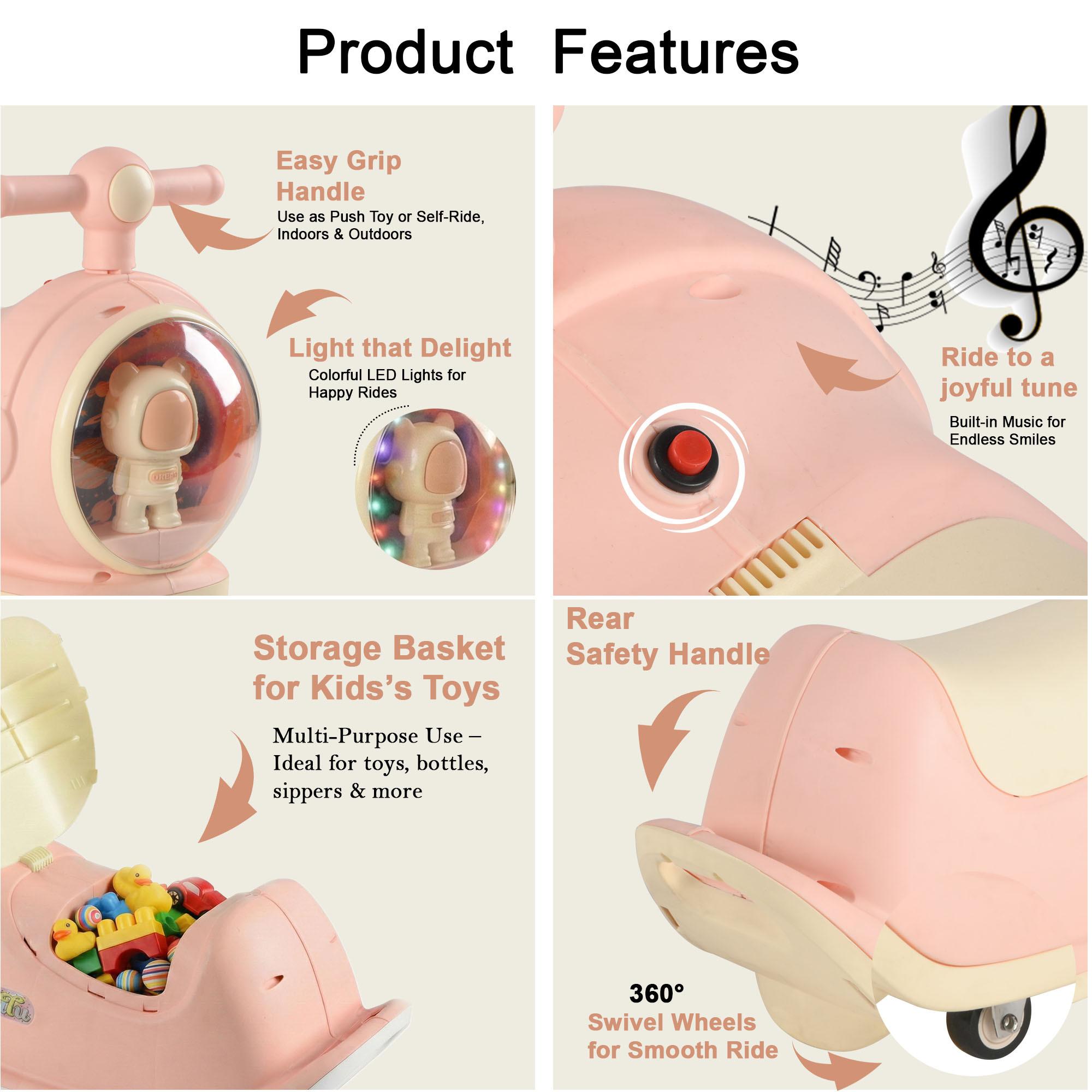 Astronaut Display 360 Swivel Wheels Scooter Bike for Toddlers  14 Year Boys Girls  Push Ride with Dome Light  Sound  Pink