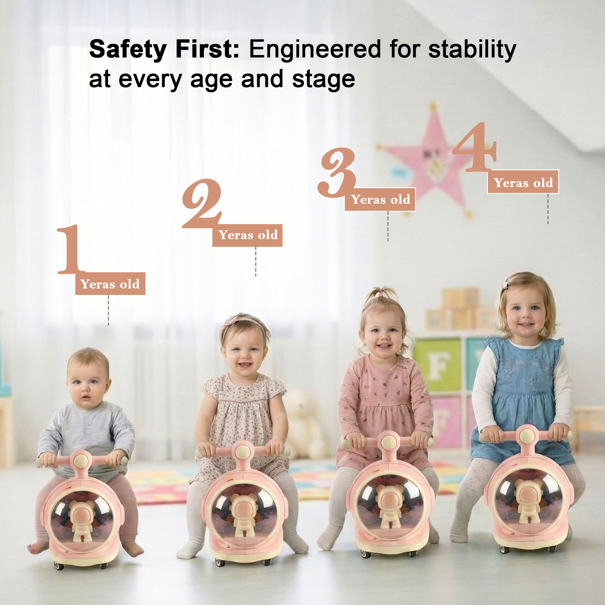 Astronaut Display 360 Swivel Wheels Scooter Bike for Toddlers  14 Year Boys Girls  Push Ride with Dome Light  Sound  Pink