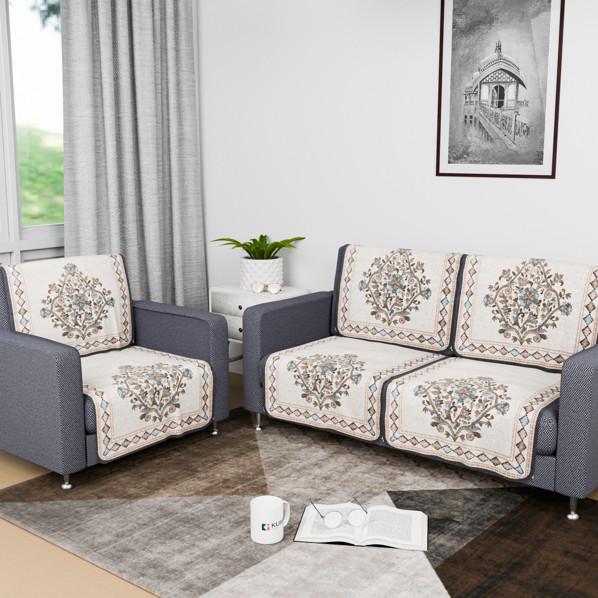 Kuber Industries Sofa Cover  Net Single Seater Sofa Slip Cover Set  Couch Sofa Cover Set  Sofa Cover for Home  Sofa Slipcover for Living Room  Flower Digital Embroidery Print-730  Green