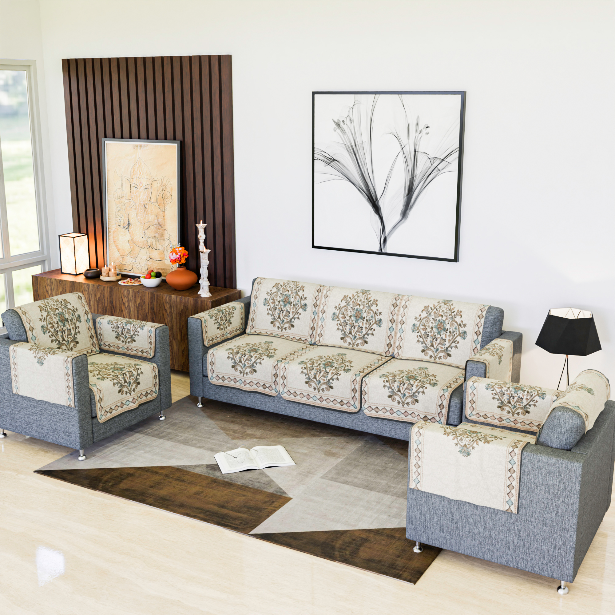Kuber Industries Sofa Cover  Net Single Seater Sofa Slip Cover Set  Couch Sofa Cover Set  Sofa Cover for Home  Sofa Slipcover for Living Room  Flower Digital Embroidery Print-730  Green