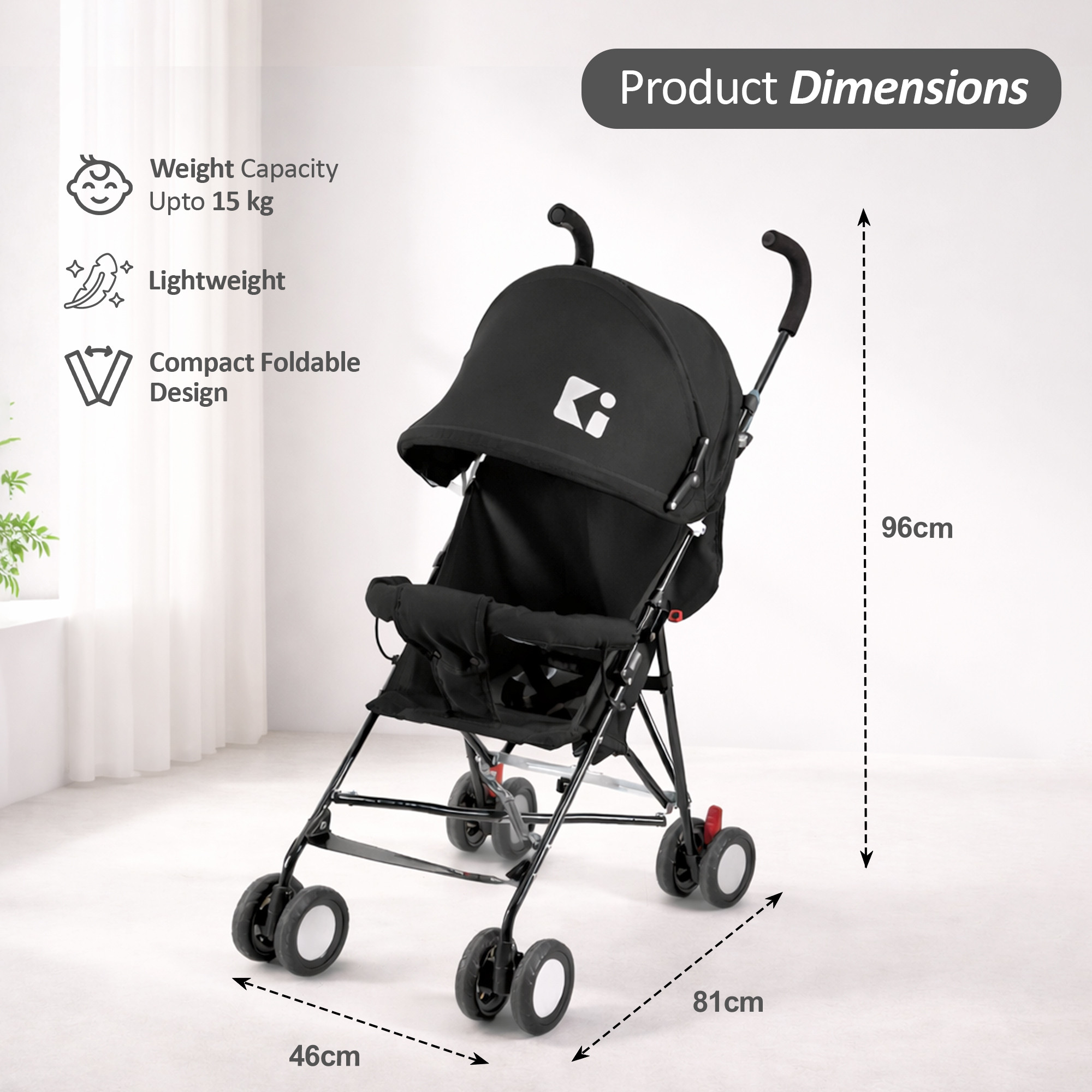 Baby Stroller Handy Pram with Reversible Handle  Adjustable Canopy  Compact Foldable Pushchair for 15 to 2 Year Toddler  Black