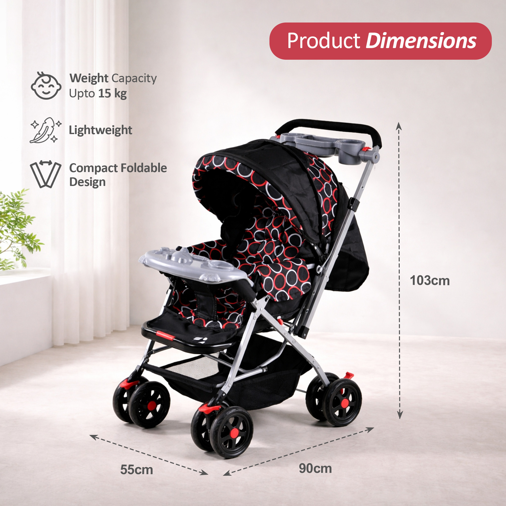 Baby Stroller Pram with Music Tray  Adjustable Canopy Storage Basket  Bottle Holder  Foldable Pushchair for 15 to 3 Year  Black