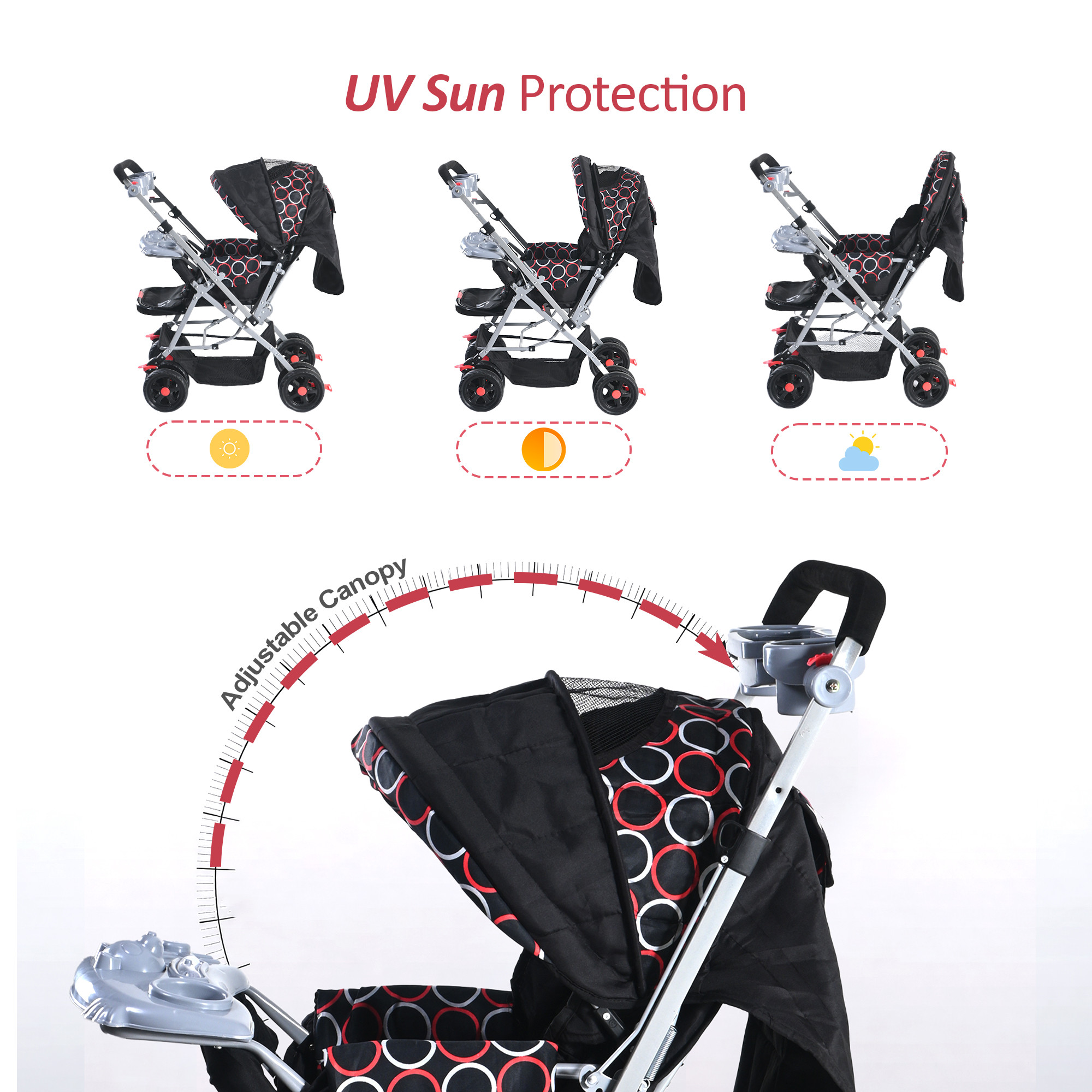 Baby Stroller Pram with Music Tray  Adjustable Canopy Storage Basket  Bottle Holder  Foldable Pushchair for 15 to 3 Year  Black