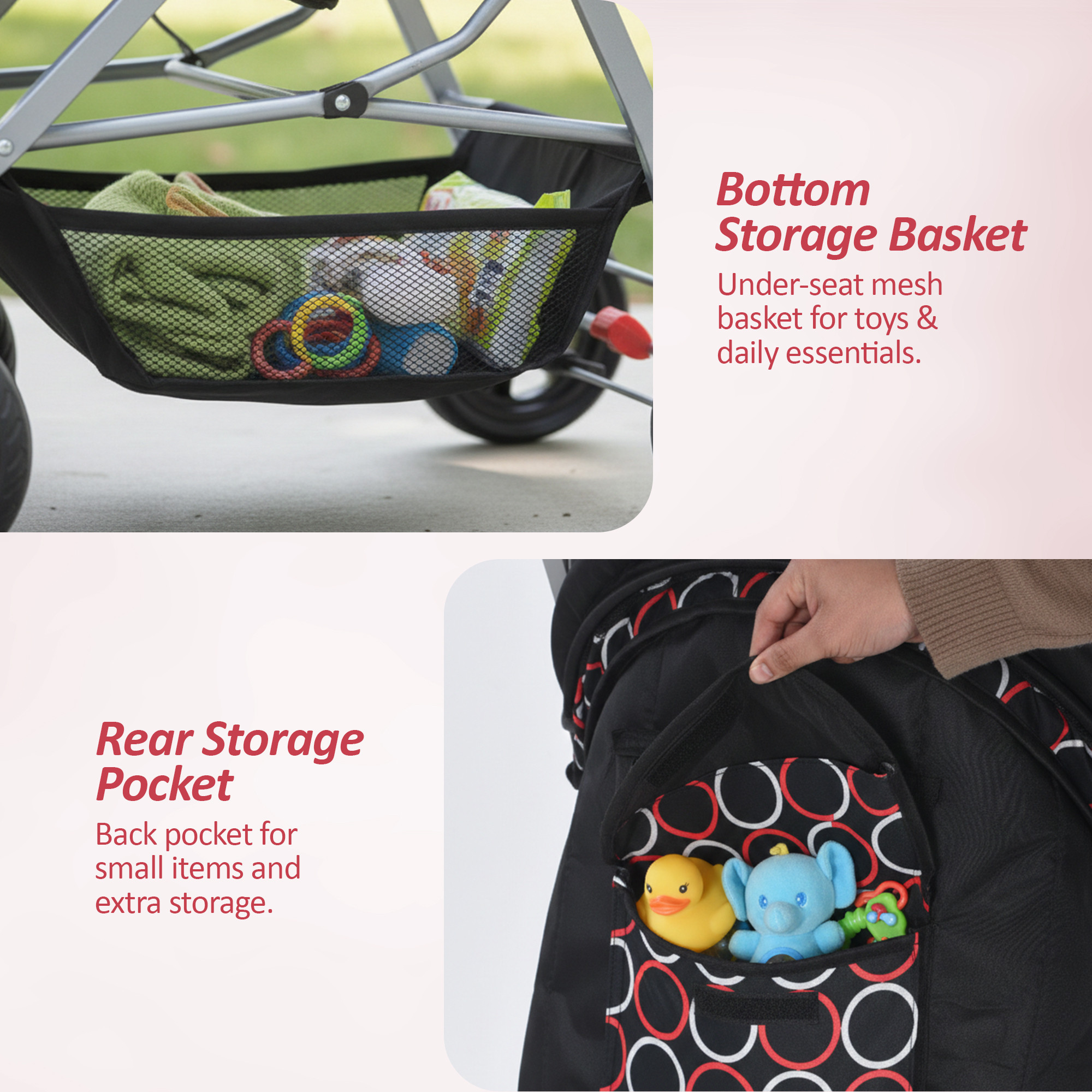 Baby Stroller Pram with Music Tray  Adjustable Canopy Storage Basket  Bottle Holder  Foldable Pushchair for 15 to 3 Year  Black