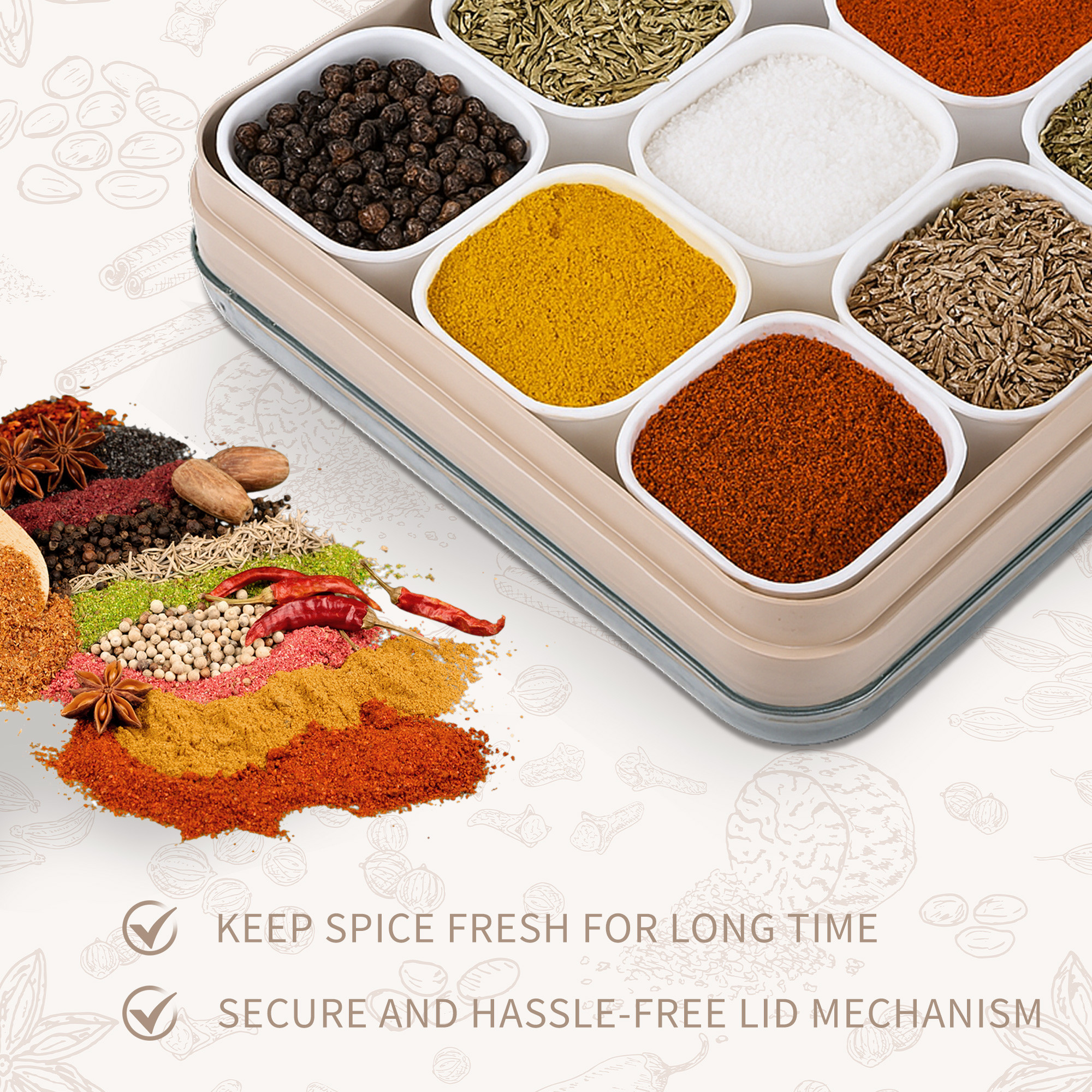Bpa Free Plastic Spice Box for Kitchen with 9 Removable Compartments and 1 Spoon  See Through Lid  Square Shape Masala DabbaDaani  Beige