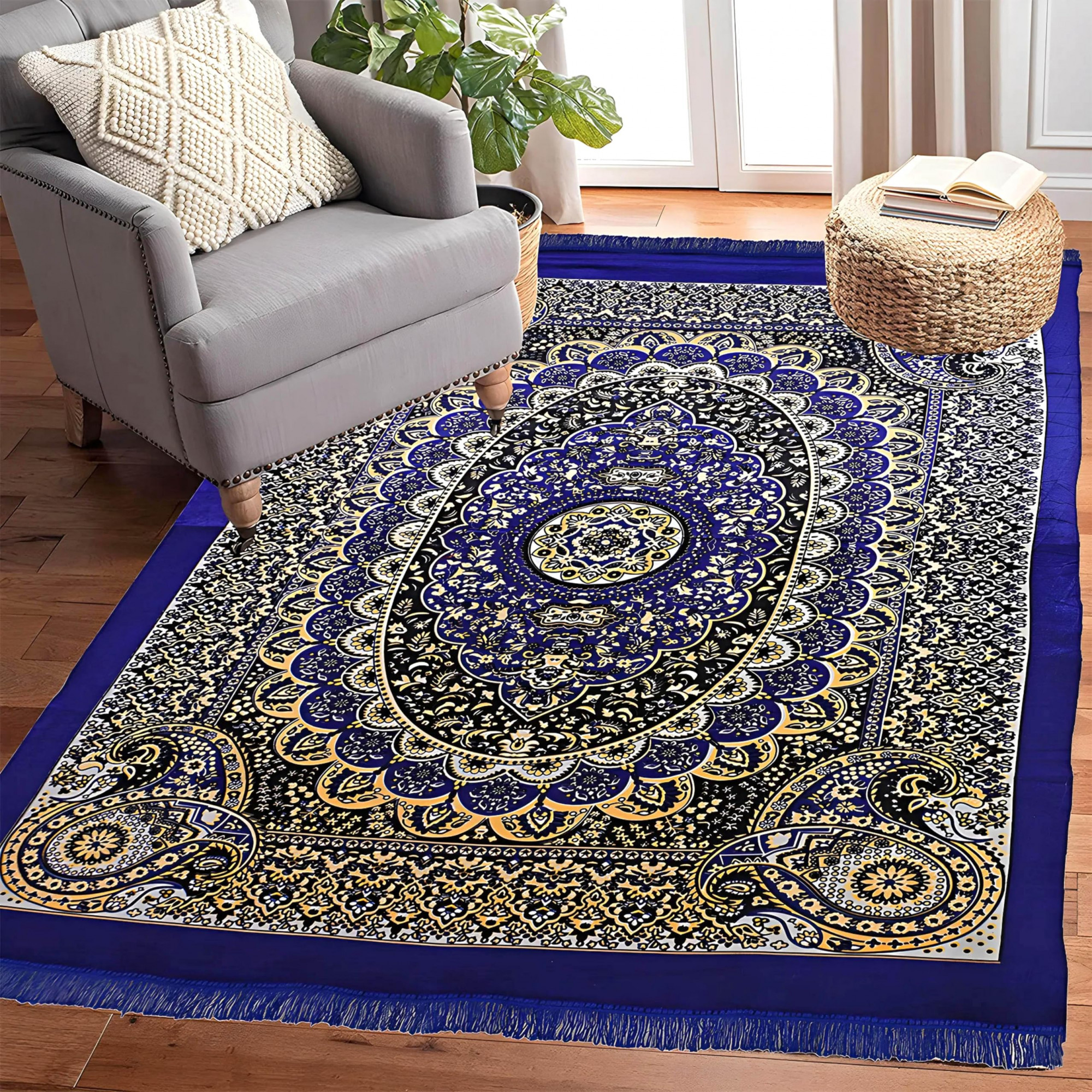 CarpetWater Absorption Kalamkari Paisley Pattern Floor MatVelvet Sitting Carpet for Hall Living Room 5x7 Feet Navy Blue
