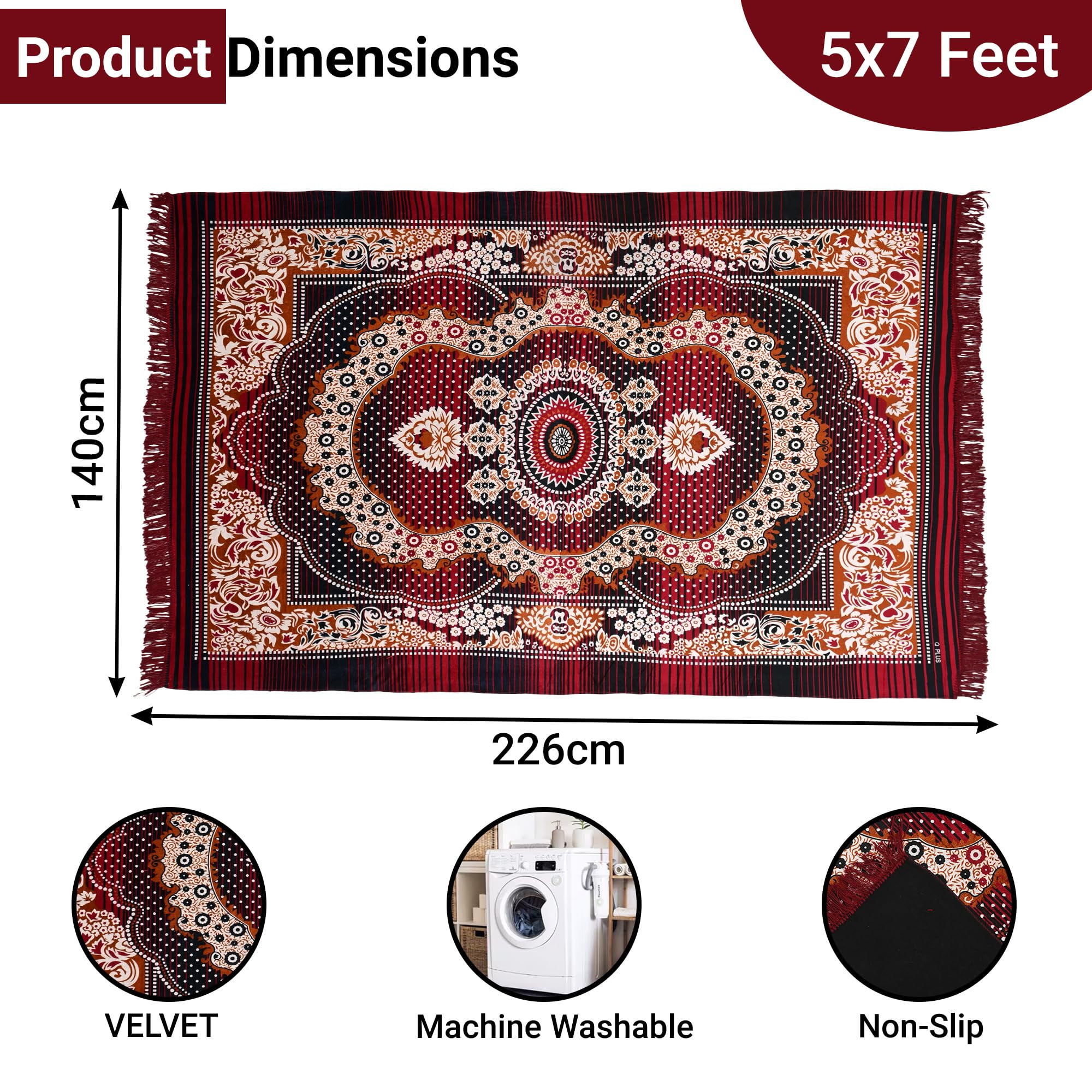 CarpetWater Absorption Kalamkari Paisley Pattern Floor MatVelvet Sitting Carpet for Hall Living Room 5x7 Feet Maroon