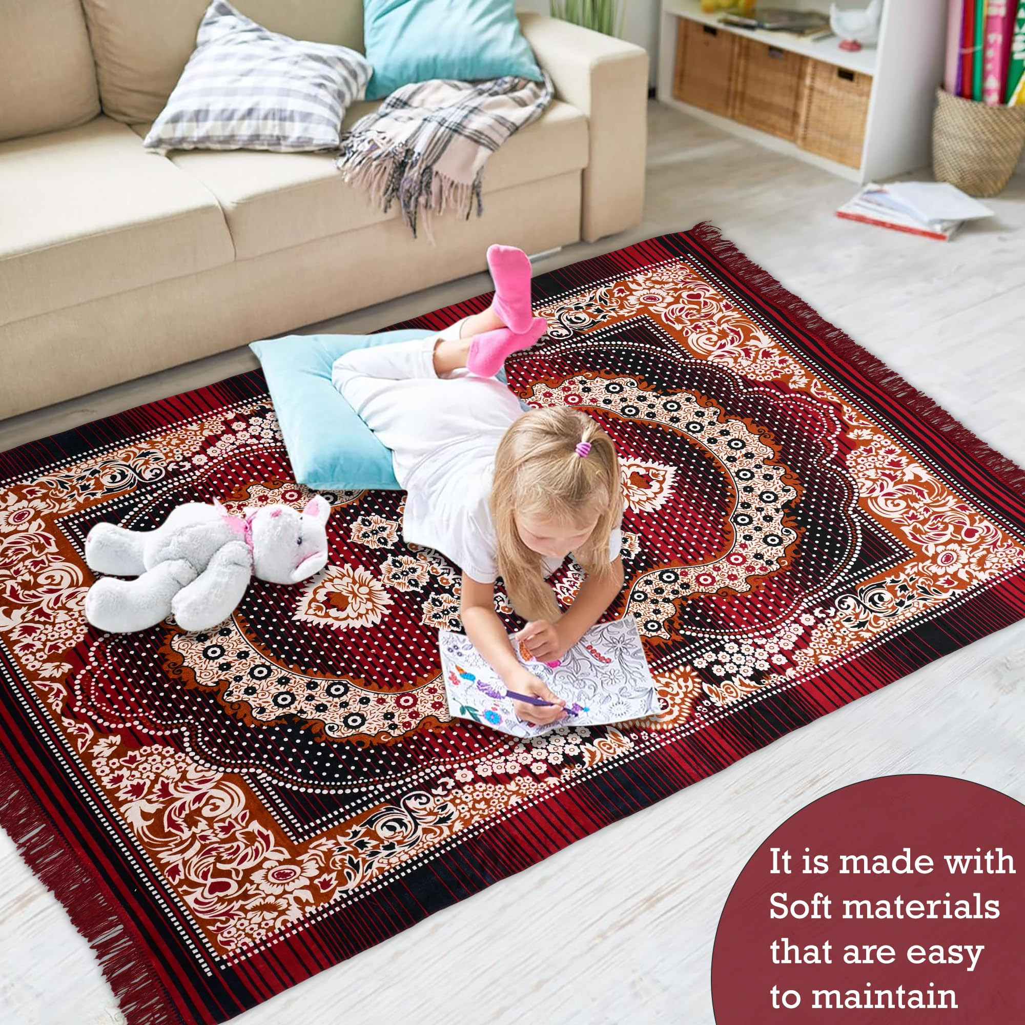 CarpetWater Absorption Kalamkari Paisley Pattern Floor MatVelvet Sitting Carpet for Hall Living Room 5x7 Feet Maroon