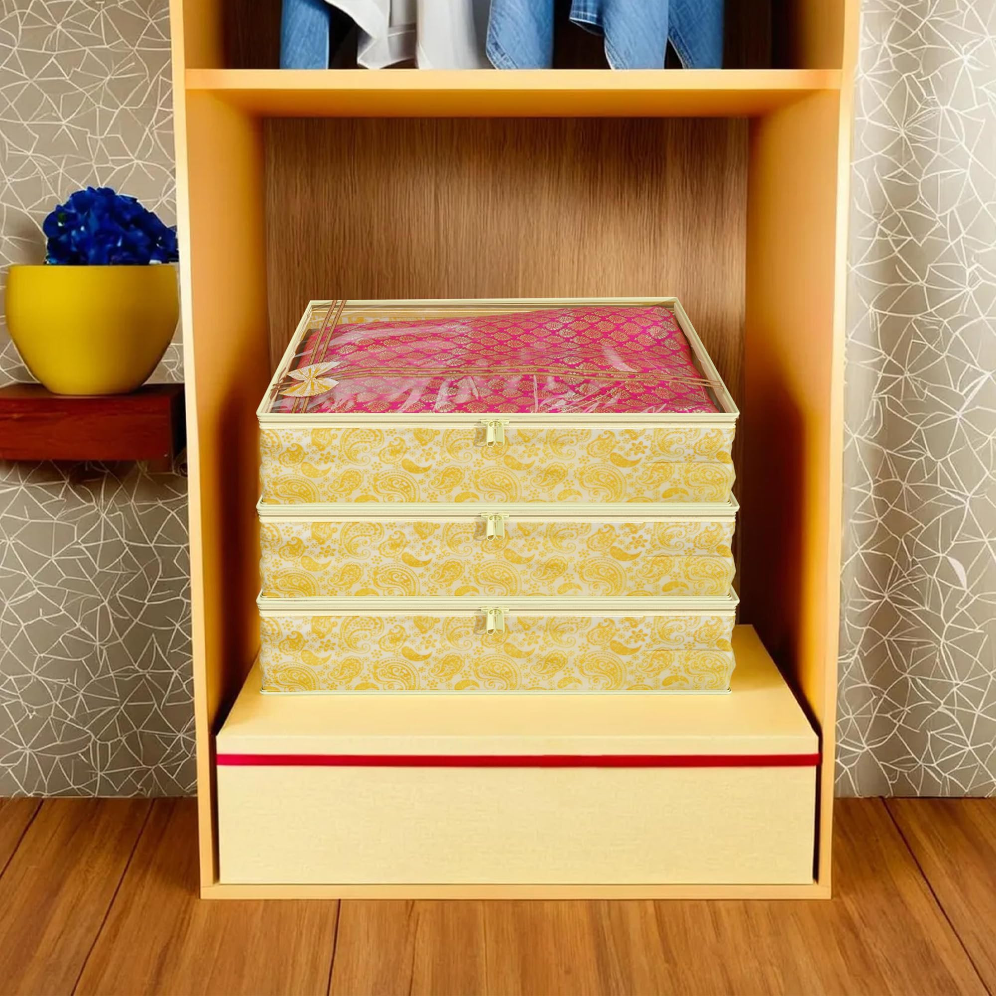 Carry Design 3inch Tranasparent Non Woven Single Saree Cover- Pack of 8 Gold-HS38KUBMART21588