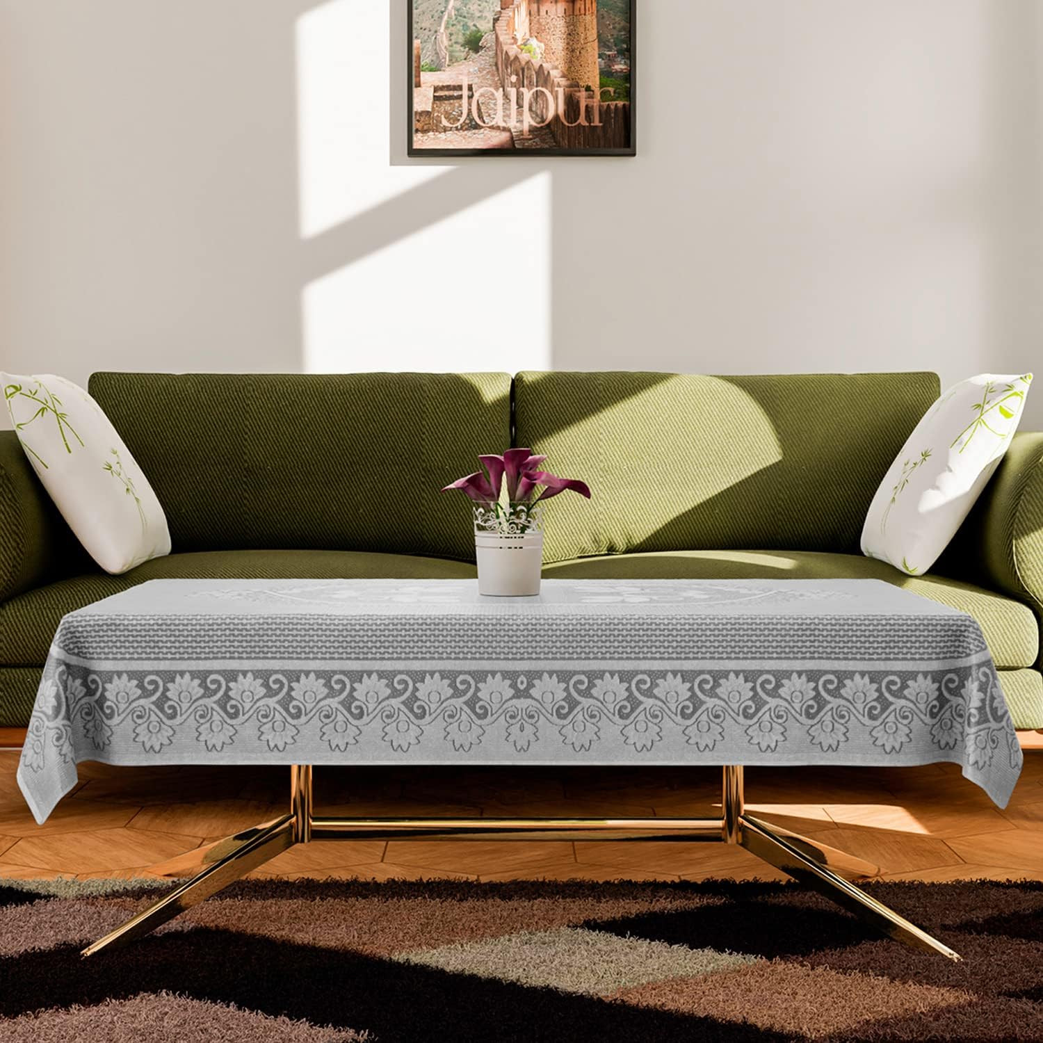 Center Table CoverCotton Luxurious Net Floral S-19 DesignStain-Resistant  Anti Skid Coffee Table Cover40x60 Inch White