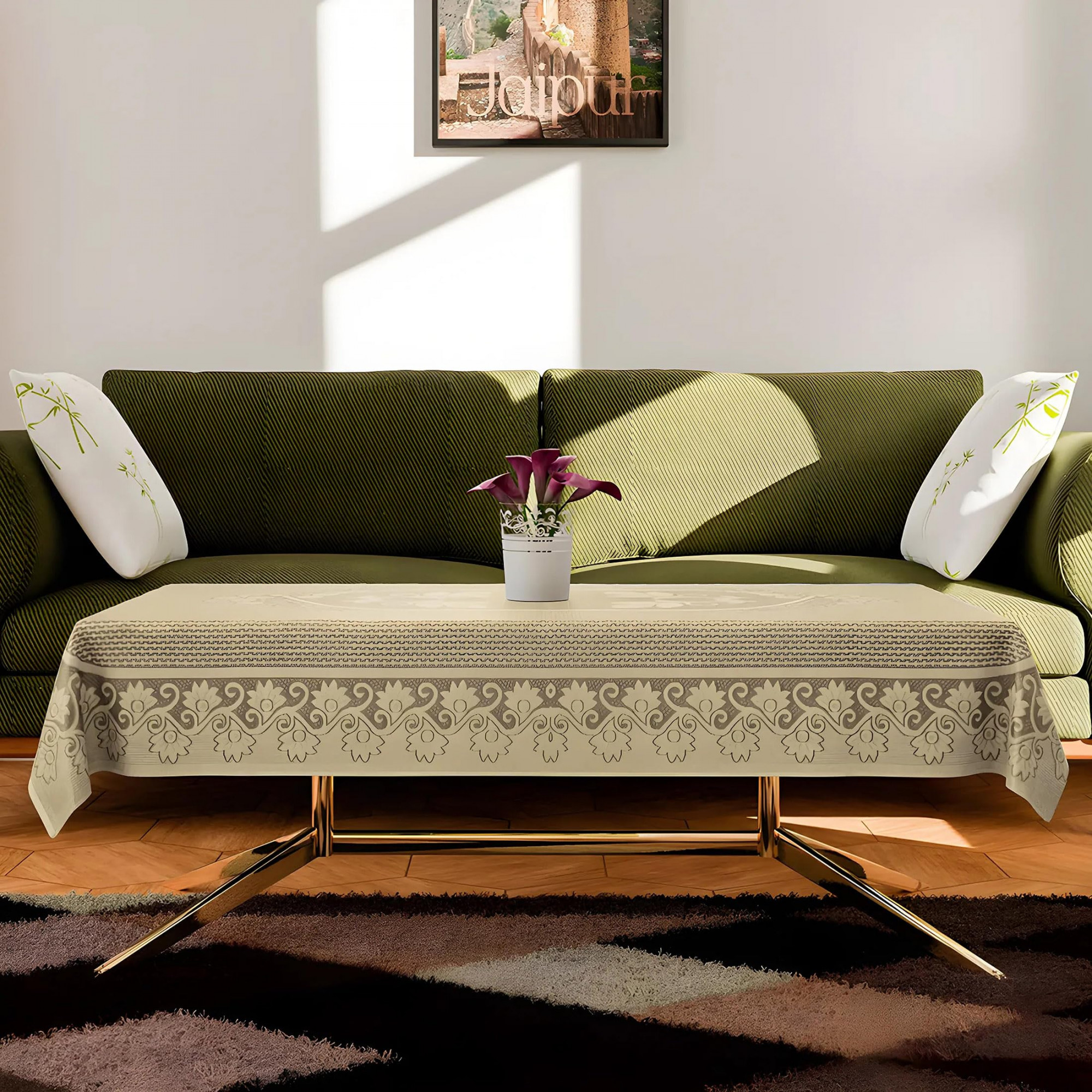 Center Table CoverCotton Luxurious Net Floral S-19 DesignStain-Resistant  Anti Skid Coffee Table Cover40x60 Inch Cream