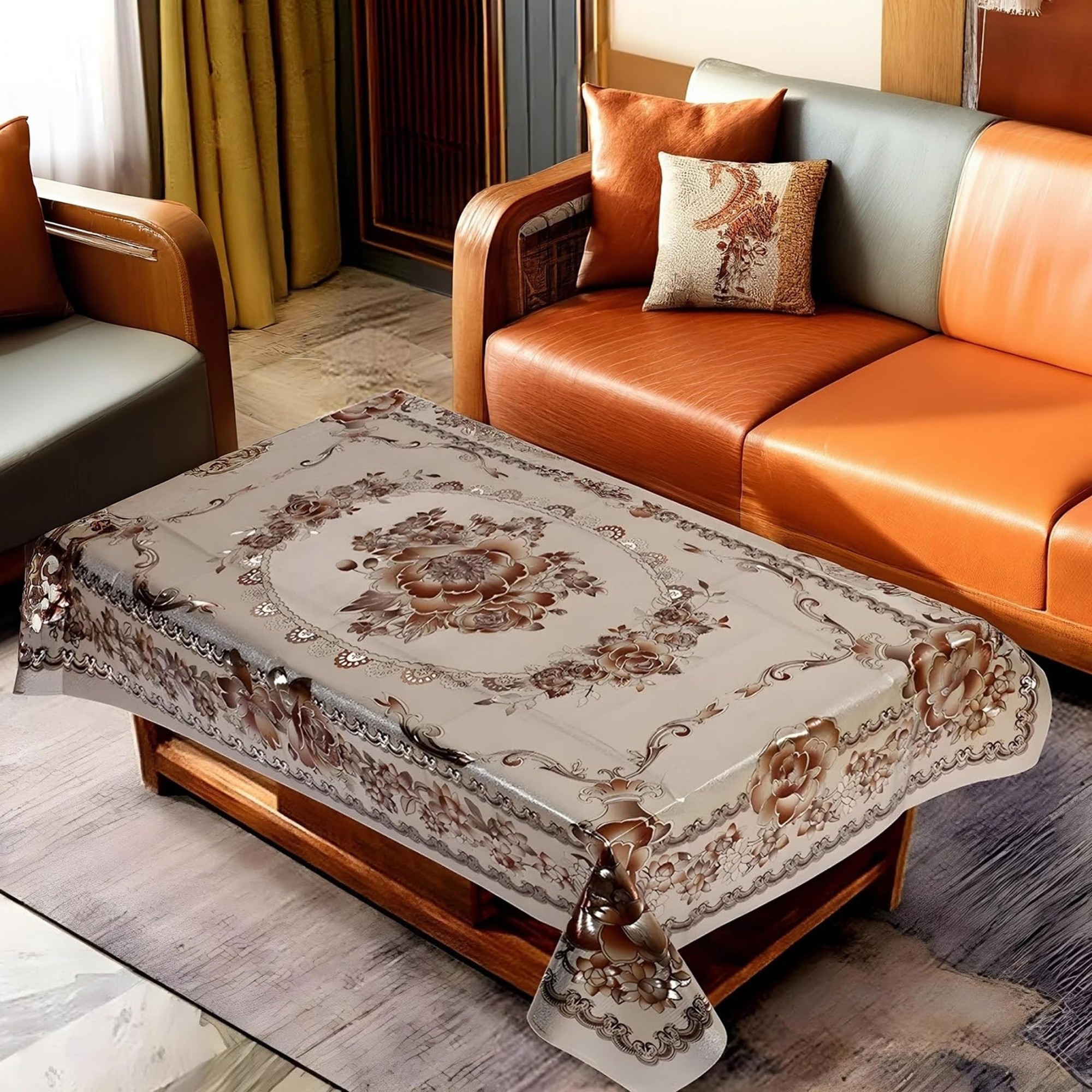 Center Table CoverLuxurious Floral Pattern PVC TableclothSlip Resistant Protector Table Top Cover 40x60 Inch Golden