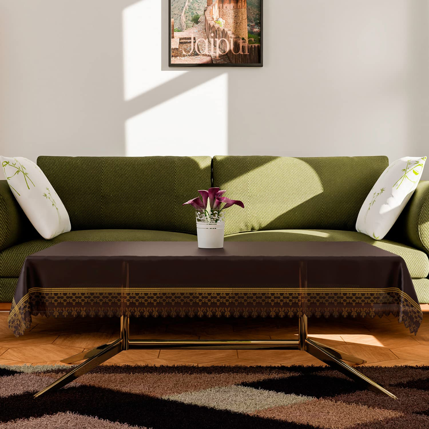 Center Table CoverPVC Transparent Dust-Proof Table Cover With Golden Pearl Border40x60 Inch Black Transparent