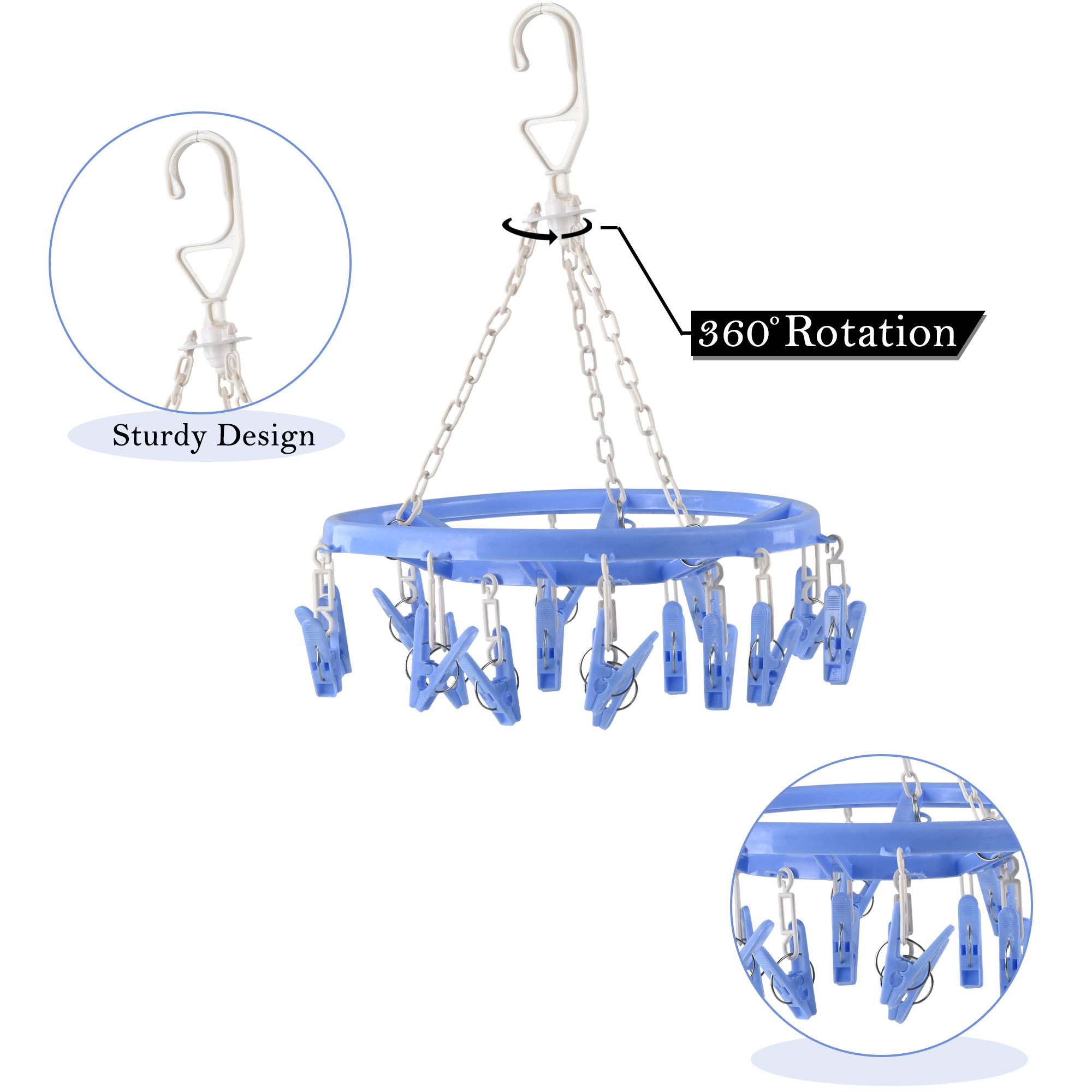 Cloth Drying Hanger  360 Cloth Drying Stand  Baby Cloth Drying Pegs  16 Clips Clothes Hanger for Socks Bras Underwear  Towels  Round Cloth Drying Clips  Blue