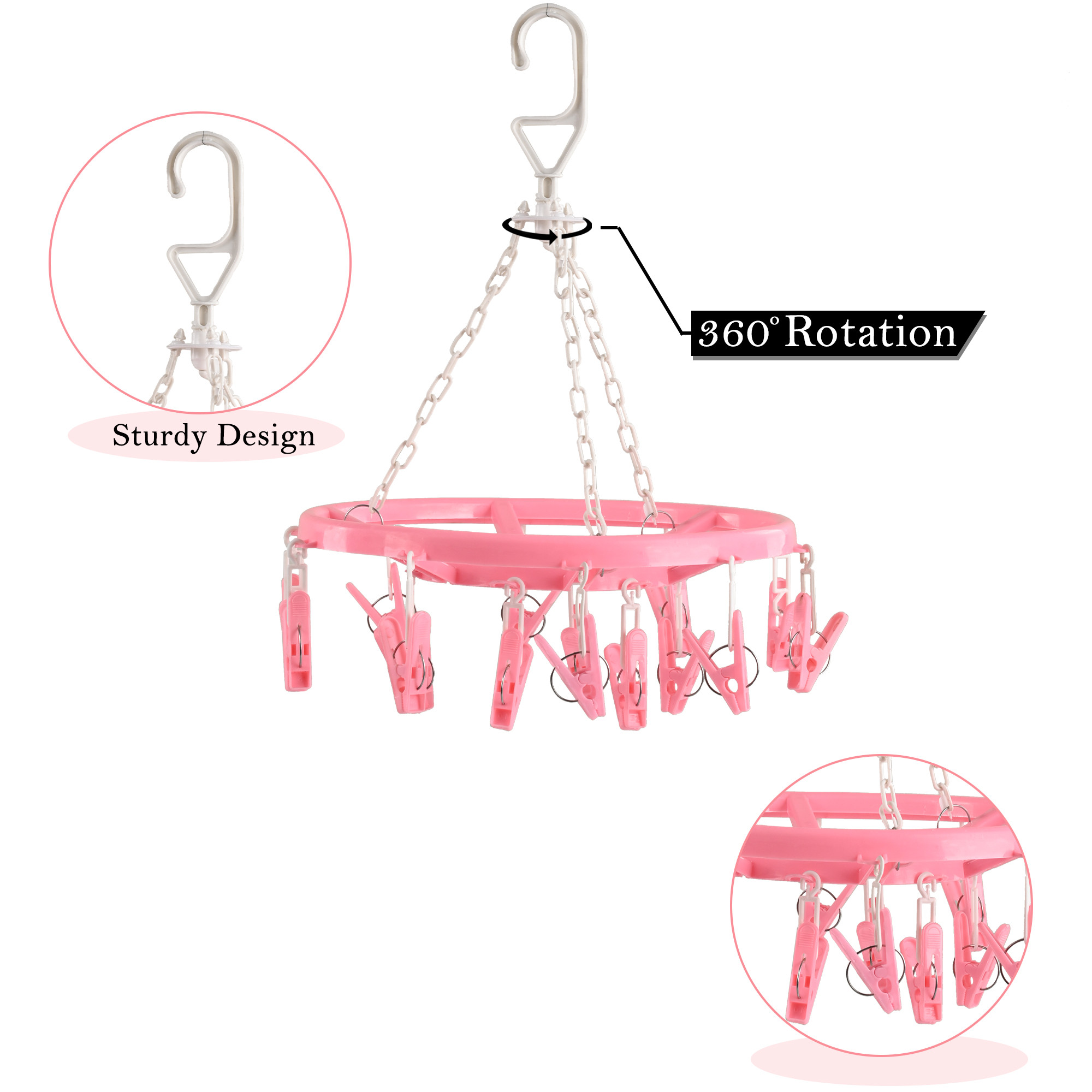Cloth Drying Hanger  360 Cloth Drying Stand  Baby Cloth Drying Pegs  16 Clips Clothes Hanger for Socks Bras Underwear  Towels  Round Cloth Drying Clips  Pink