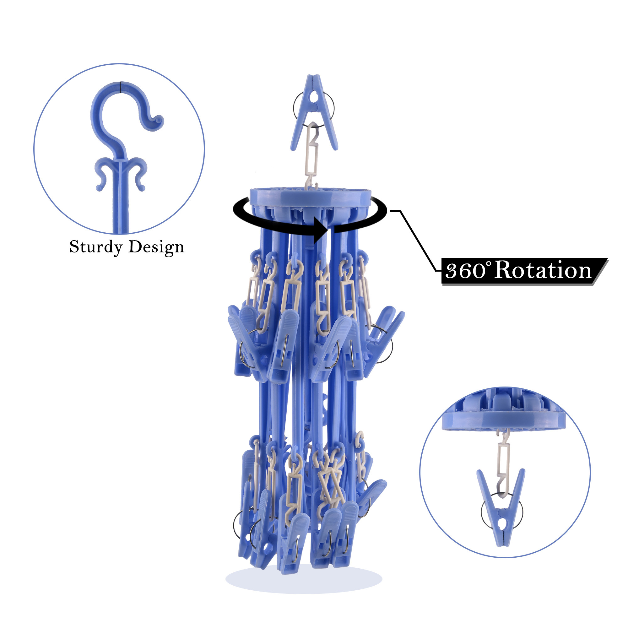 Cloth Drying Hanger  360 Cloth Drying Stand  Baby Cloth Drying Pegs  24 Clips Clothes Hanger for Socks Bras Underwear  Towels  Folding Cloth Drying Clips  Blue