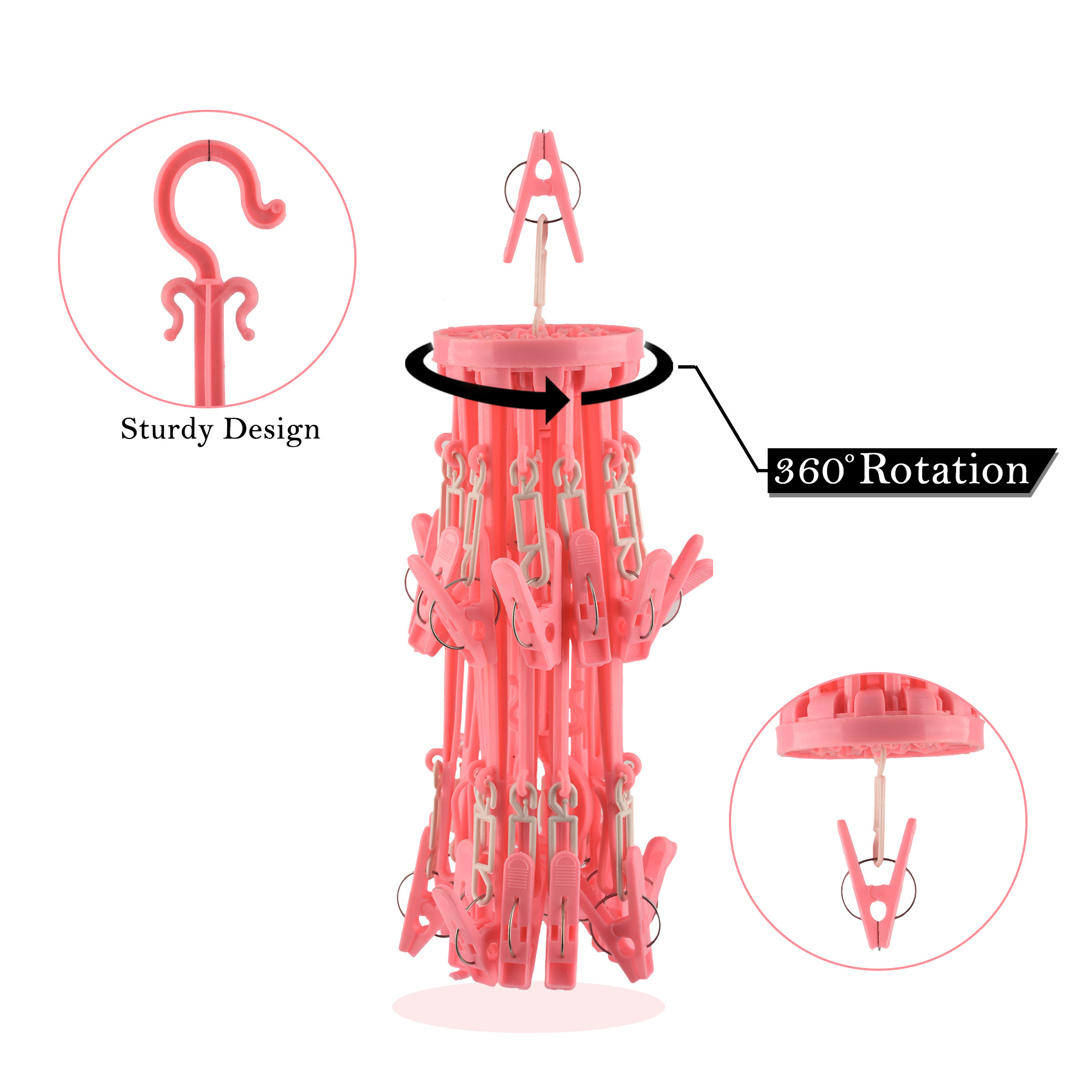 Cloth Drying Hanger  360 Cloth Drying Stand  Baby Cloth Drying Pegs  24 Clips Clothes Hanger for Socks Bras Underwear  Towels  Folding Cloth Drying Clips  Pink