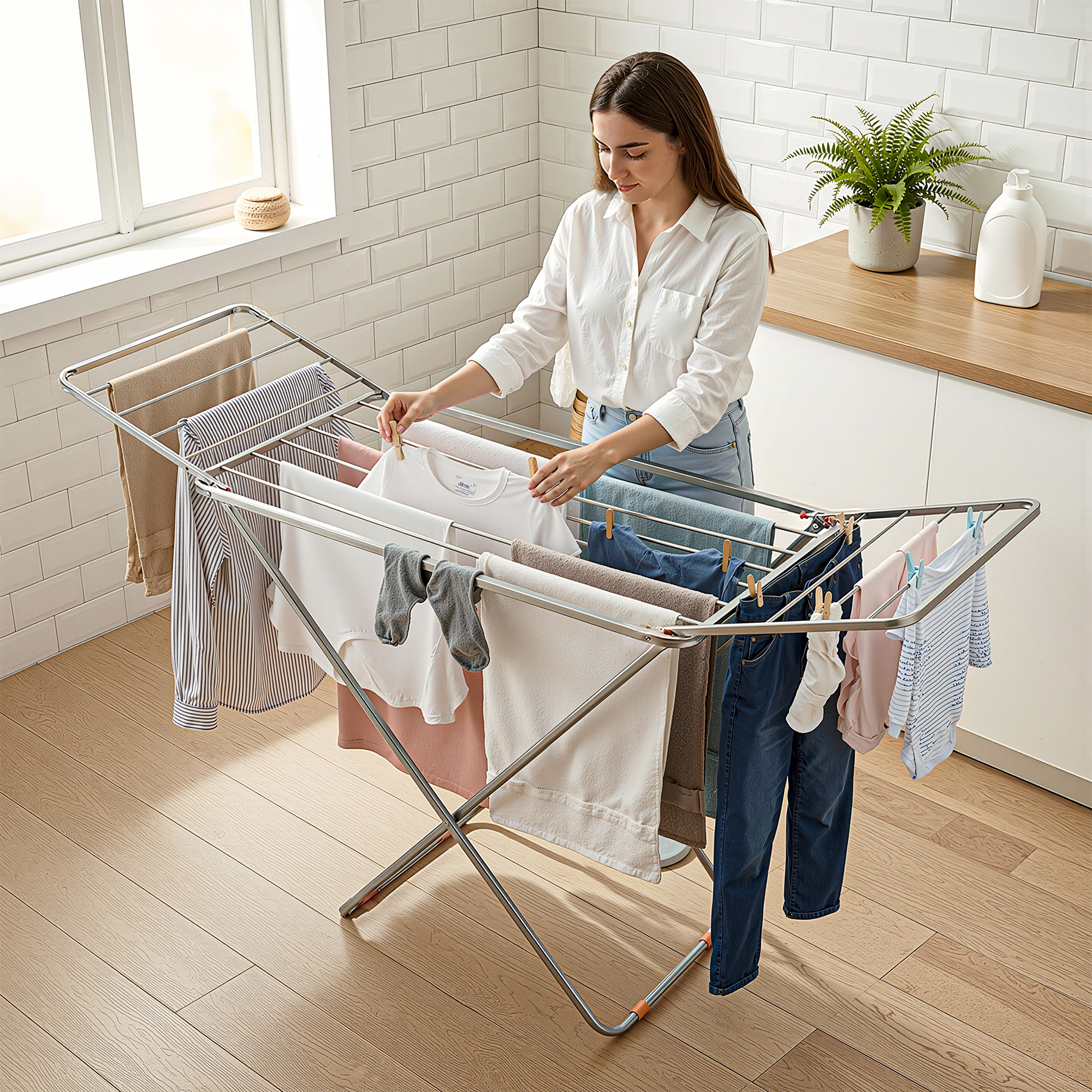 Cloth Drying Rack with 17 Rails  Stainless Steel Clothes Drying Stand  IndoorOutdoor Use  Anti-Slip BootsFoldableHigh Load Capacity  Silver