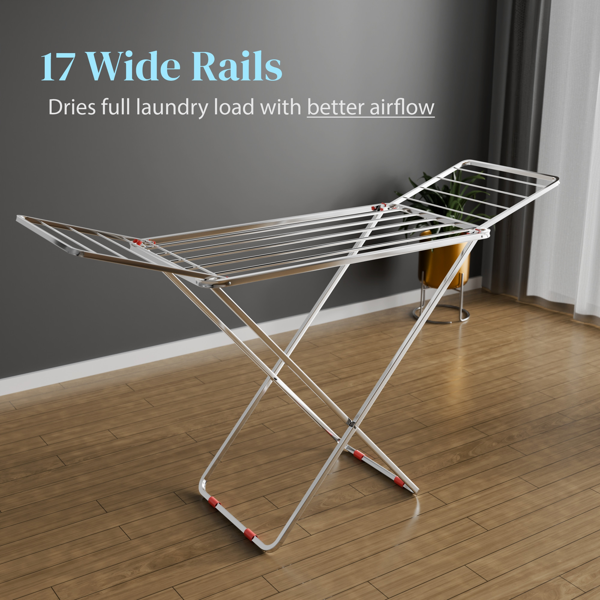 Cloth Drying Rack with 17 Rails  Stainless Steel Clothes Drying Stand  IndoorOutdoor Use  Anti-Slip BootsFoldableHigh Load Capacity  Silver