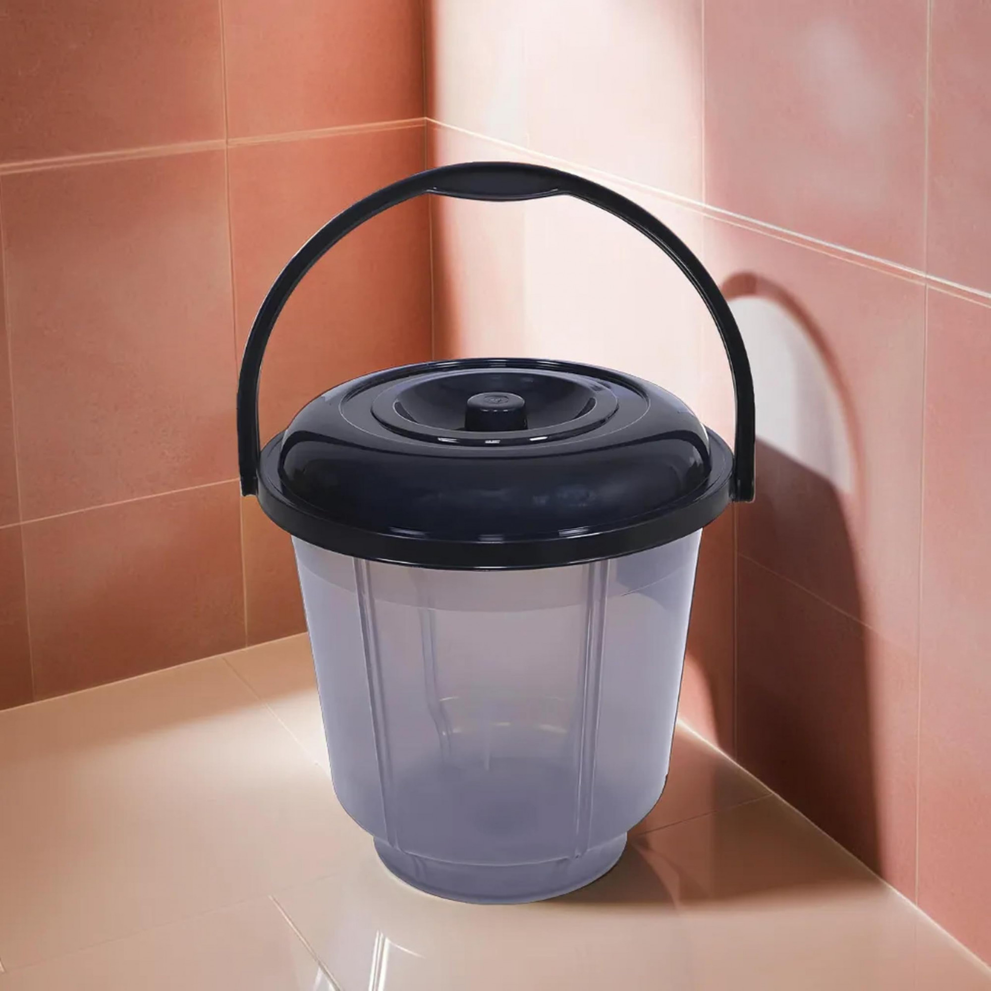 Colorful Homeware BucketUnbreakable Plastic BucketTransparent Bucket with Lid  Handle for BathroomHome Use13 Litre Black
