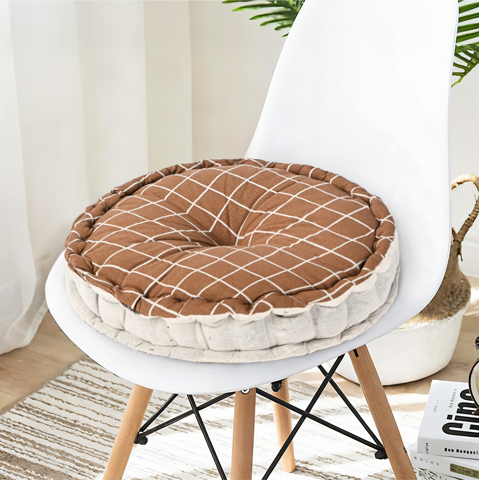 Cotton 16x16 Inch Sitting Chair Cushion Pads  Button Sitting Cushion  Back Rest for Chair  Cushion for Office Dining Chair Car IndoorOutdoor  Round Check - Brown